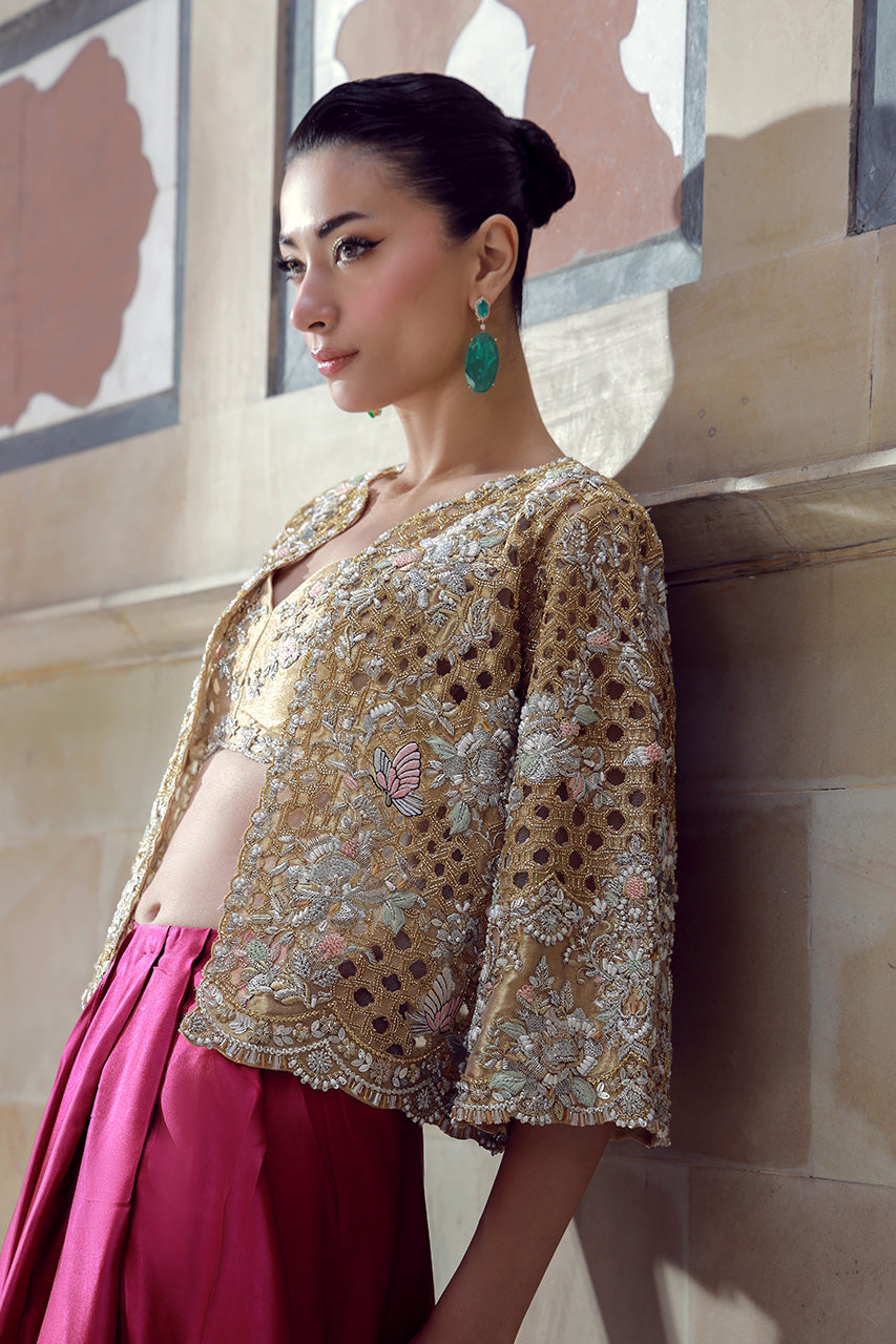 Gold Hand-Embroidered Masoori Jacket & Plum Silk Skirt (3-Piece) - Image 2