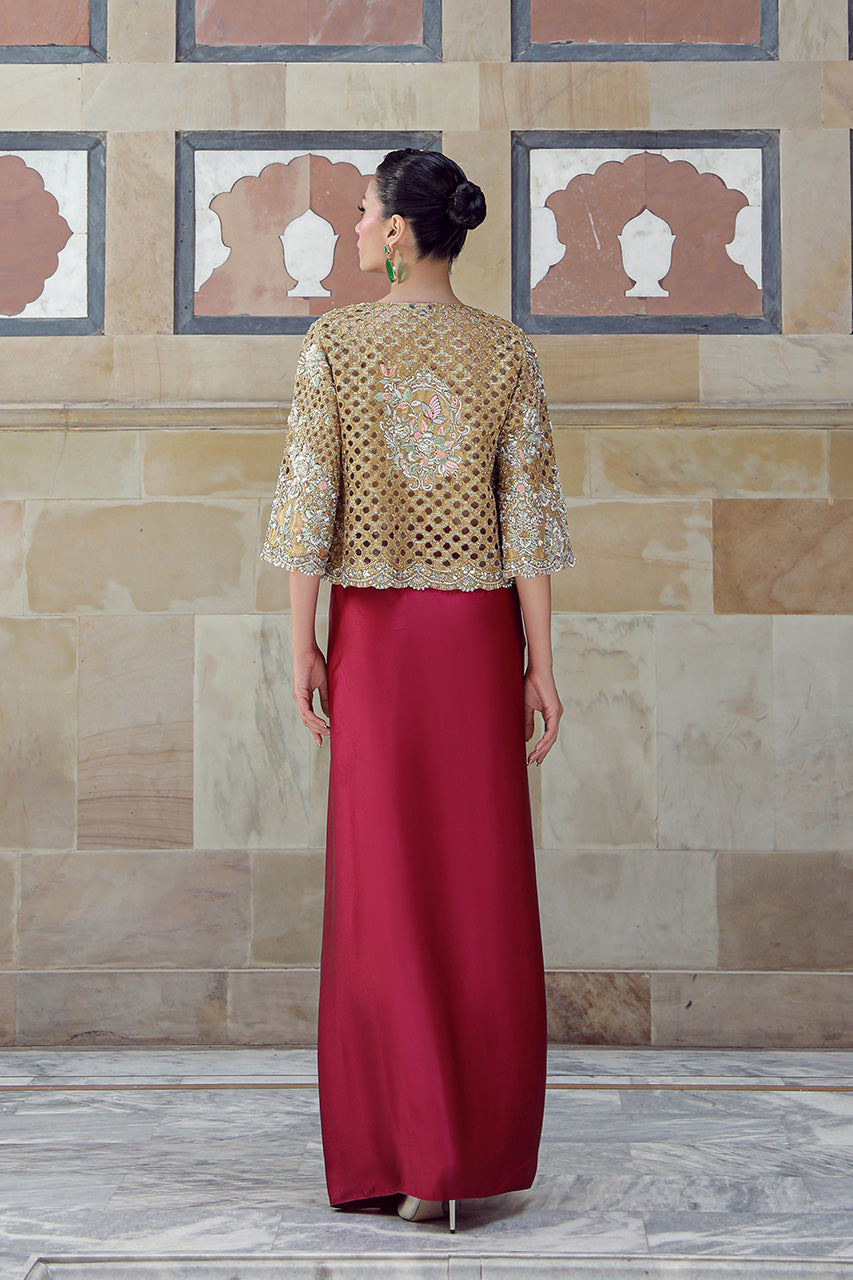 Gold Hand-Embroidered Masoori Jacket & Plum Silk Skirt (3-Piece) - Image 3