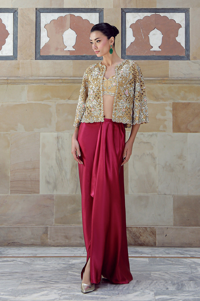 Gold Hand-Embroidered Masoori Jacket & Plum Silk Skirt (3-Piece) - Image 5