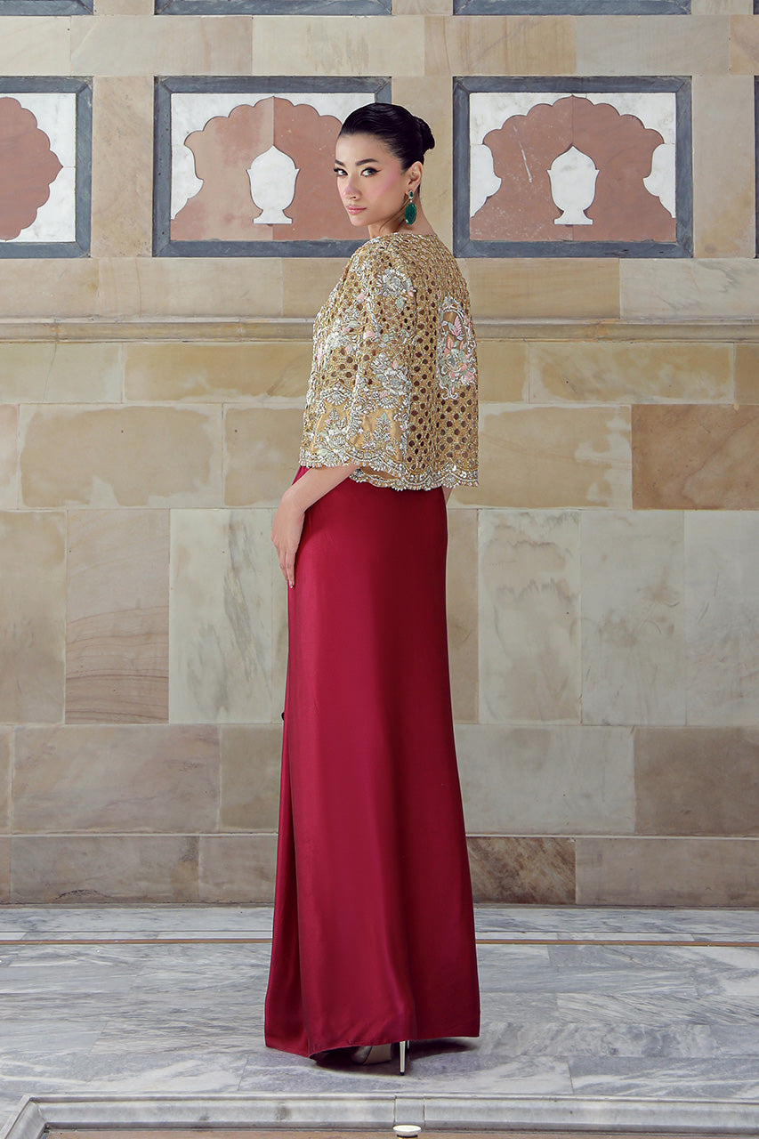 Gold Hand-Embroidered Masoori Jacket & Plum Silk Skirt (3-Piece) - Image 6