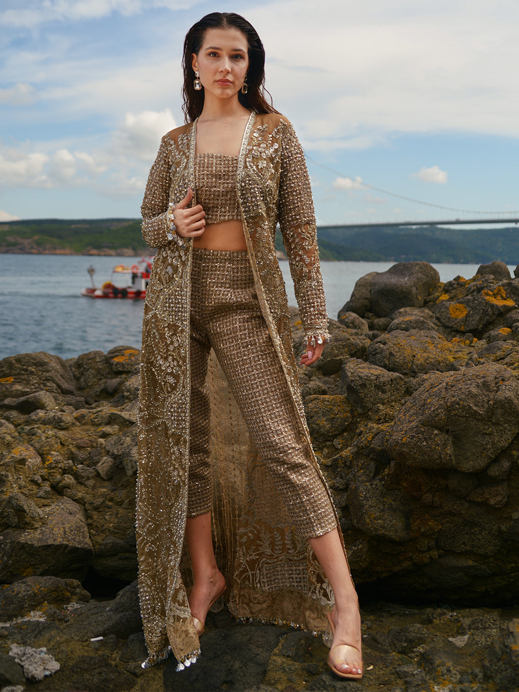 Metallic Gold Embroidered Organza Jacket Set (3-Piece) - Image 1