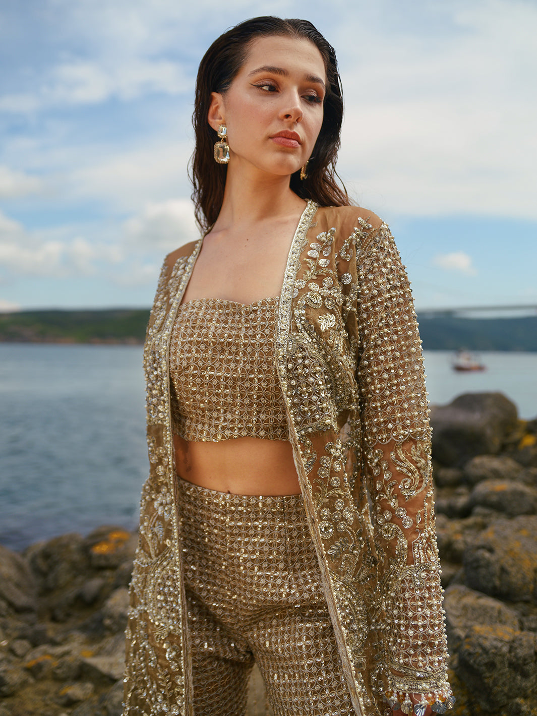 Metallic Gold Embroidered Organza Jacket Set (3-Piece) - Image 10