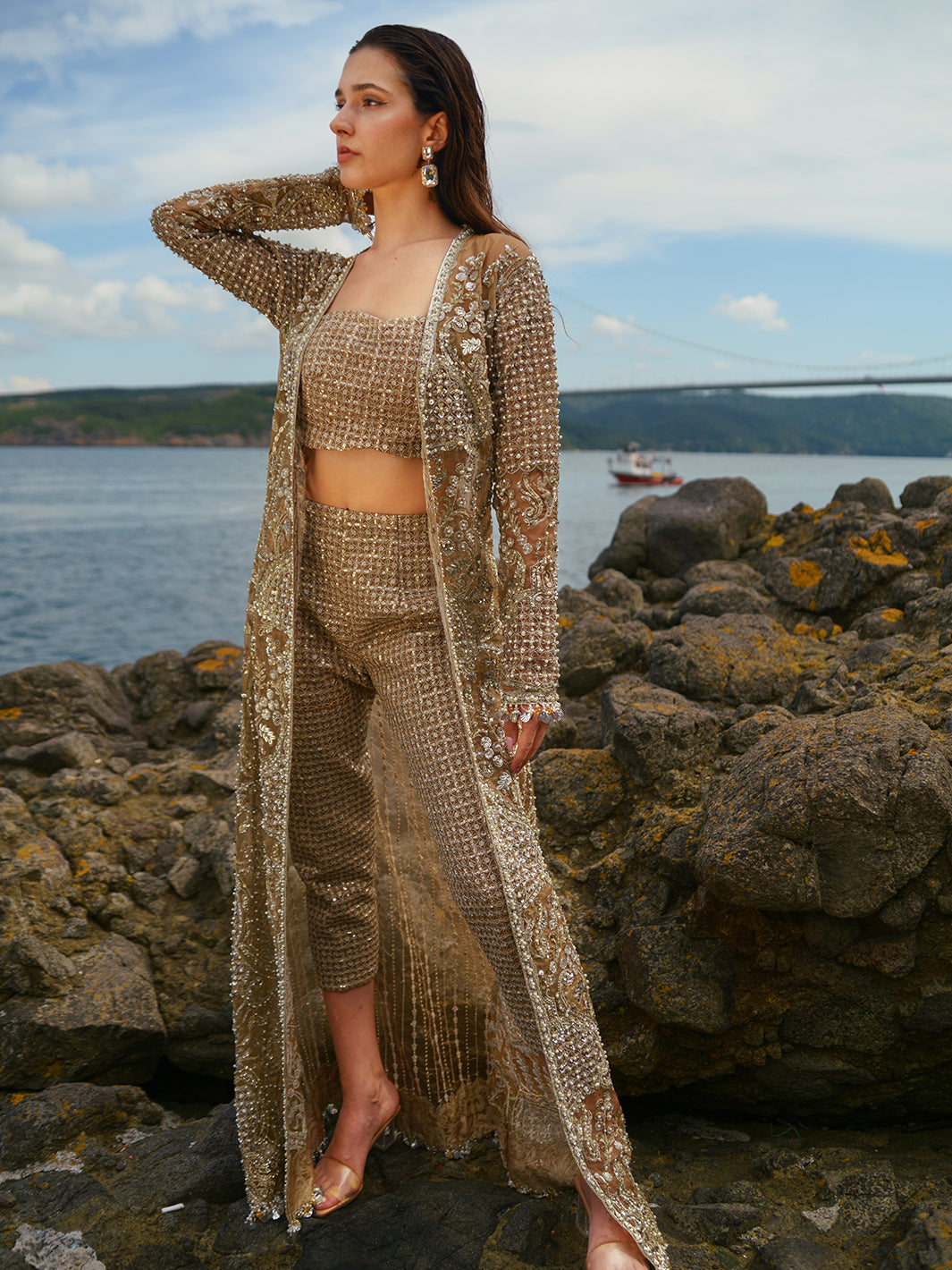 Metallic Gold Embroidered Organza Jacket Set (3-Piece) - Image 11