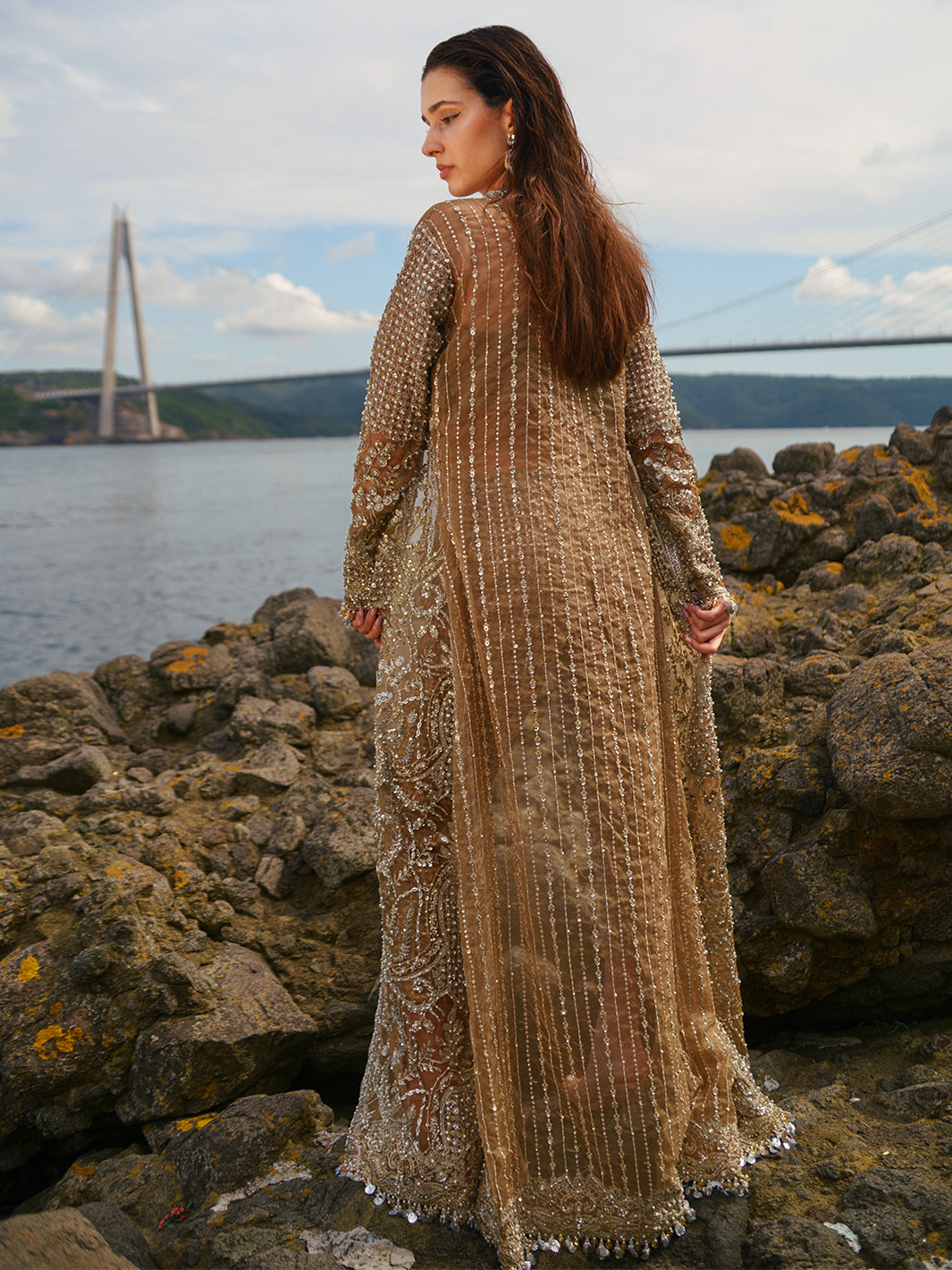 Metallic Gold Embroidered Organza Jacket Set (3-Piece) - Image 3