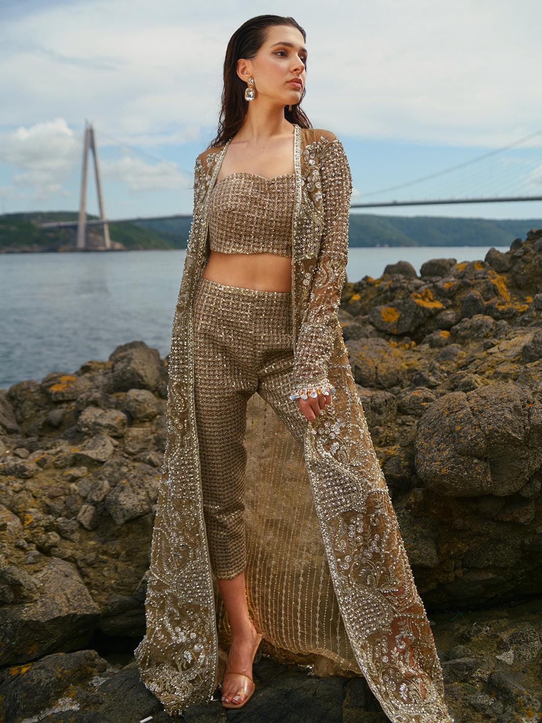 Metallic Gold Embroidered Organza Jacket Set (3-Piece) - Image 4