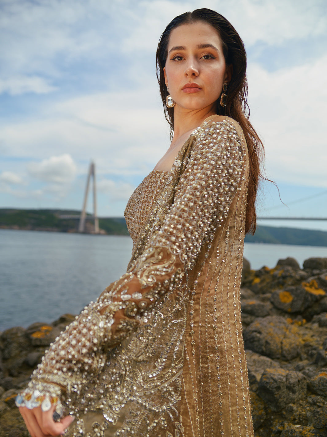 Metallic Gold Embroidered Organza Jacket Set (3-Piece) - Image 5