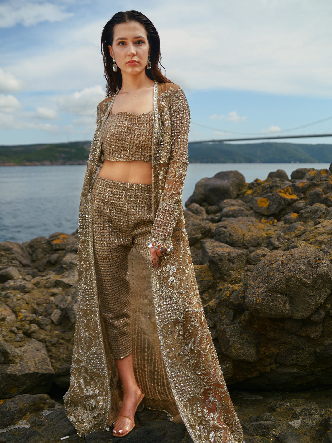 Metallic Gold Embroidered Organza Jacket Set (3-Piece) - Image 6