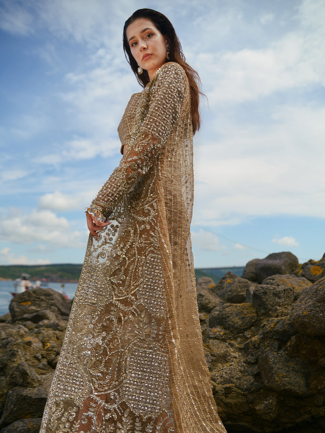 Metallic Gold Embroidered Organza Jacket Set (3-Piece) - Image 7