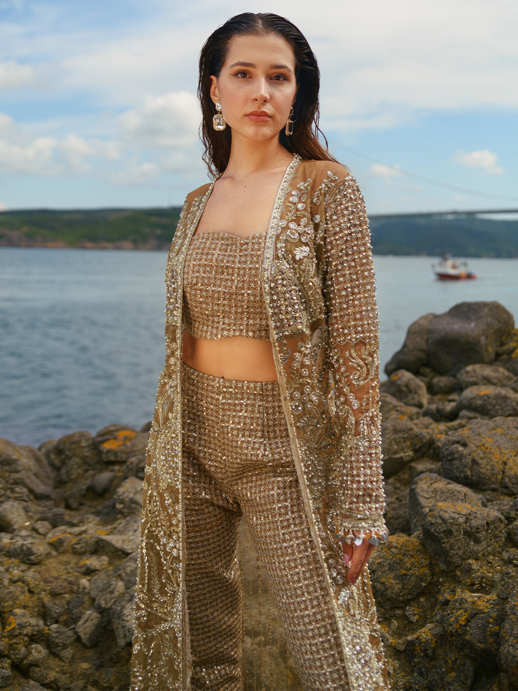 Metallic Gold Embroidered Organza Jacket Set (3-Piece) - Image 8