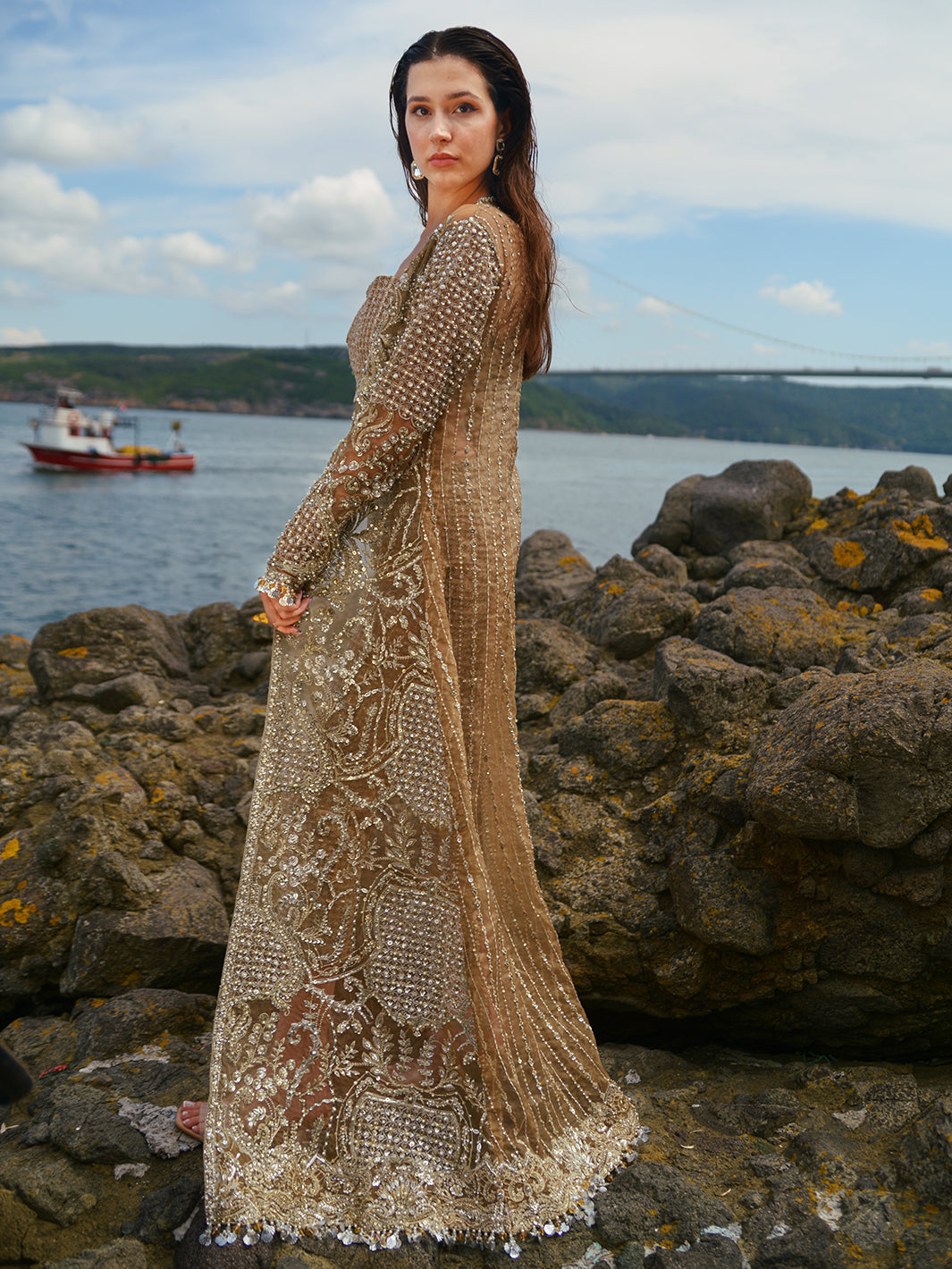 Metallic Gold Embroidered Organza Jacket Set (3-Piece) - Image 9