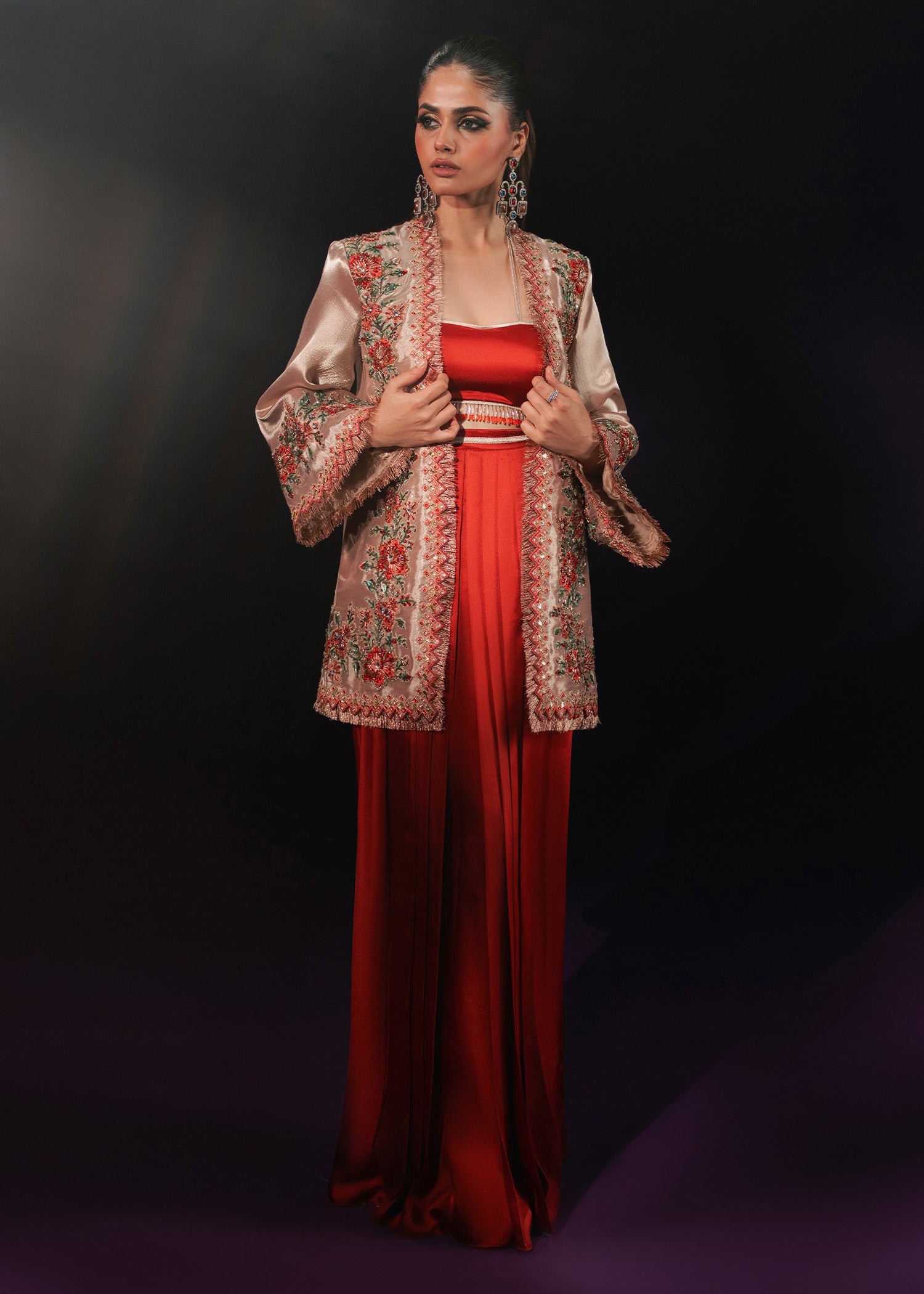 Rose Gold Embroidered Tissue Jacket Satin Silk Co-ord (3-Piece) - Image 1