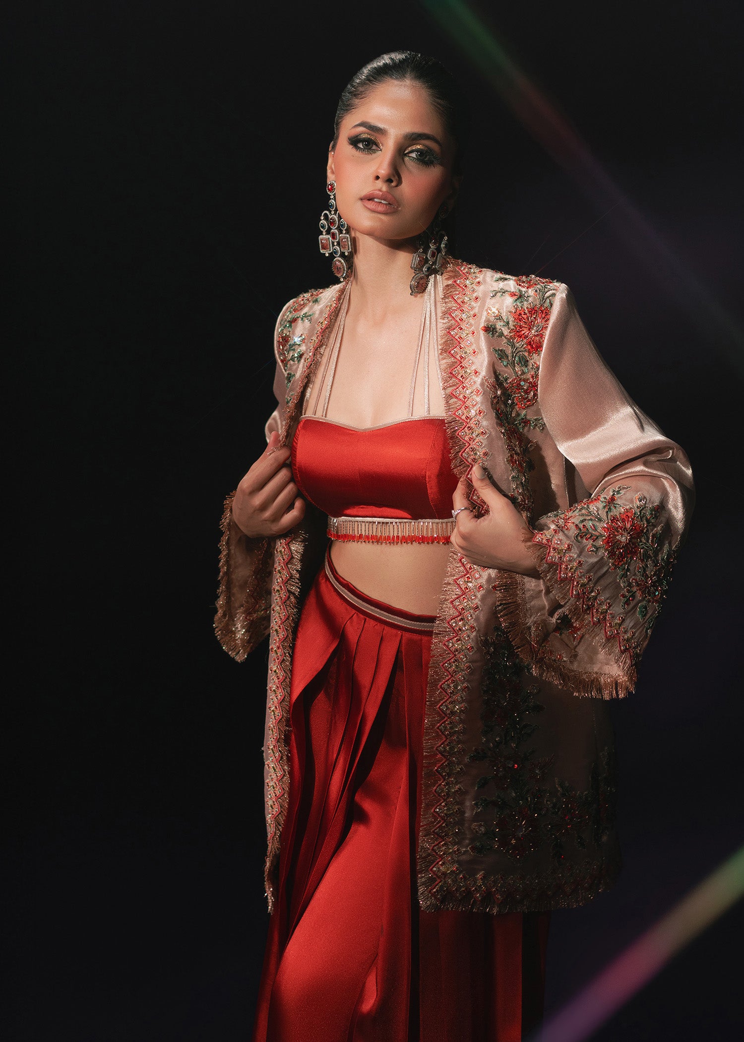 Rose Gold Embroidered Tissue Jacket Satin Silk Co-ord (3-Piece) - Image 10