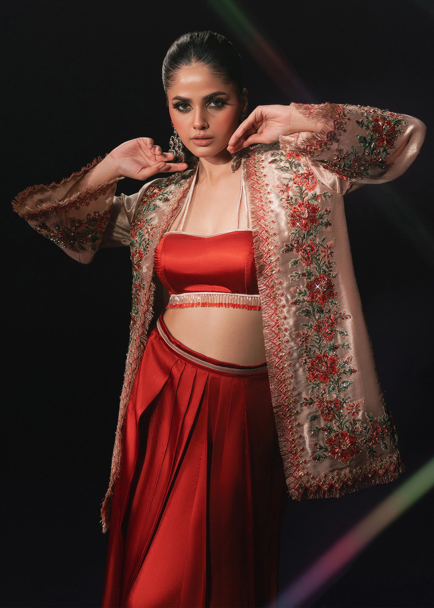 Rose Gold Embroidered Tissue Jacket Satin Silk Co-ord (3-Piece) - Image 11