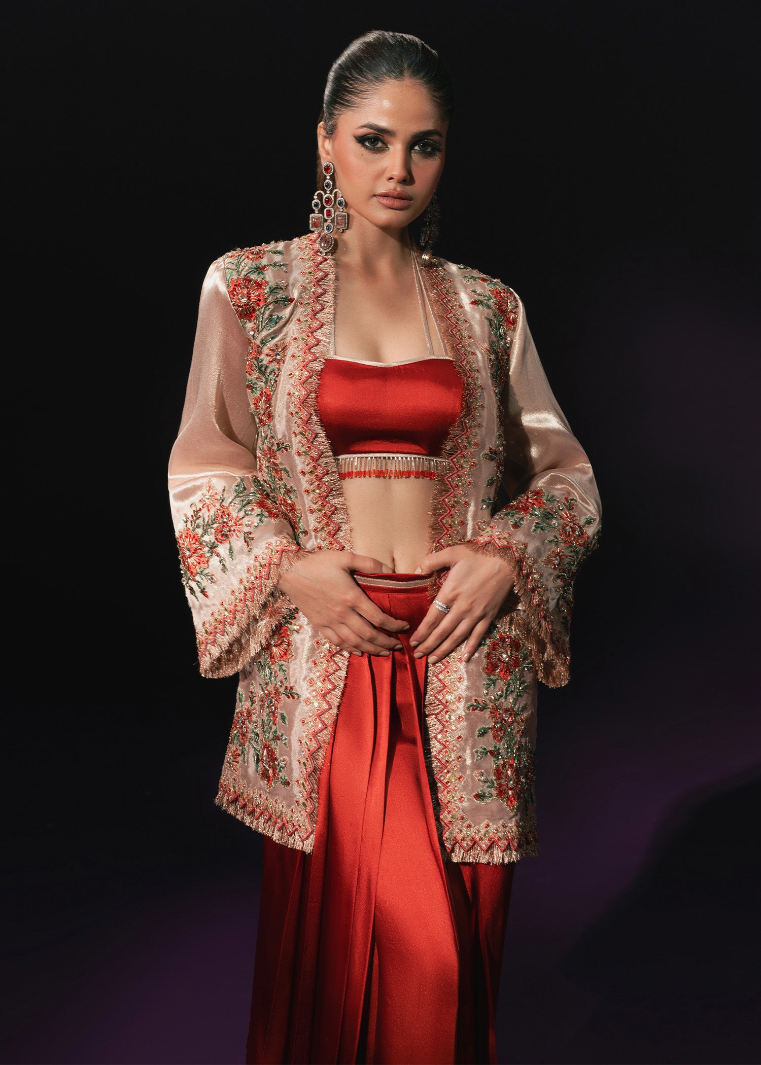 Rose Gold Embroidered Tissue Jacket Satin Silk Co-ord (3-Piece) - Image 2