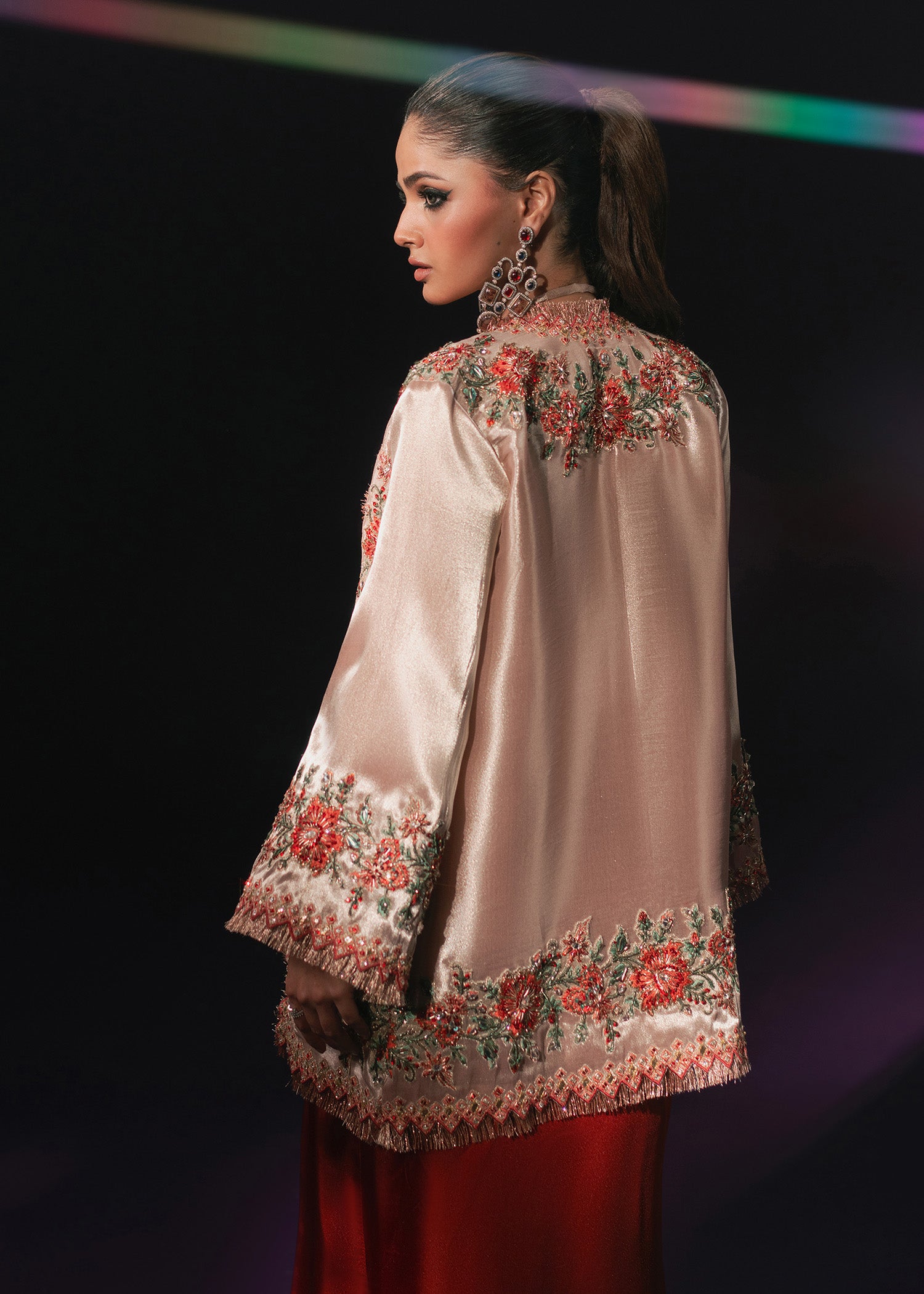 Rose Gold Embroidered Tissue Jacket Satin Silk Co-ord (3-Piece) - Image 3