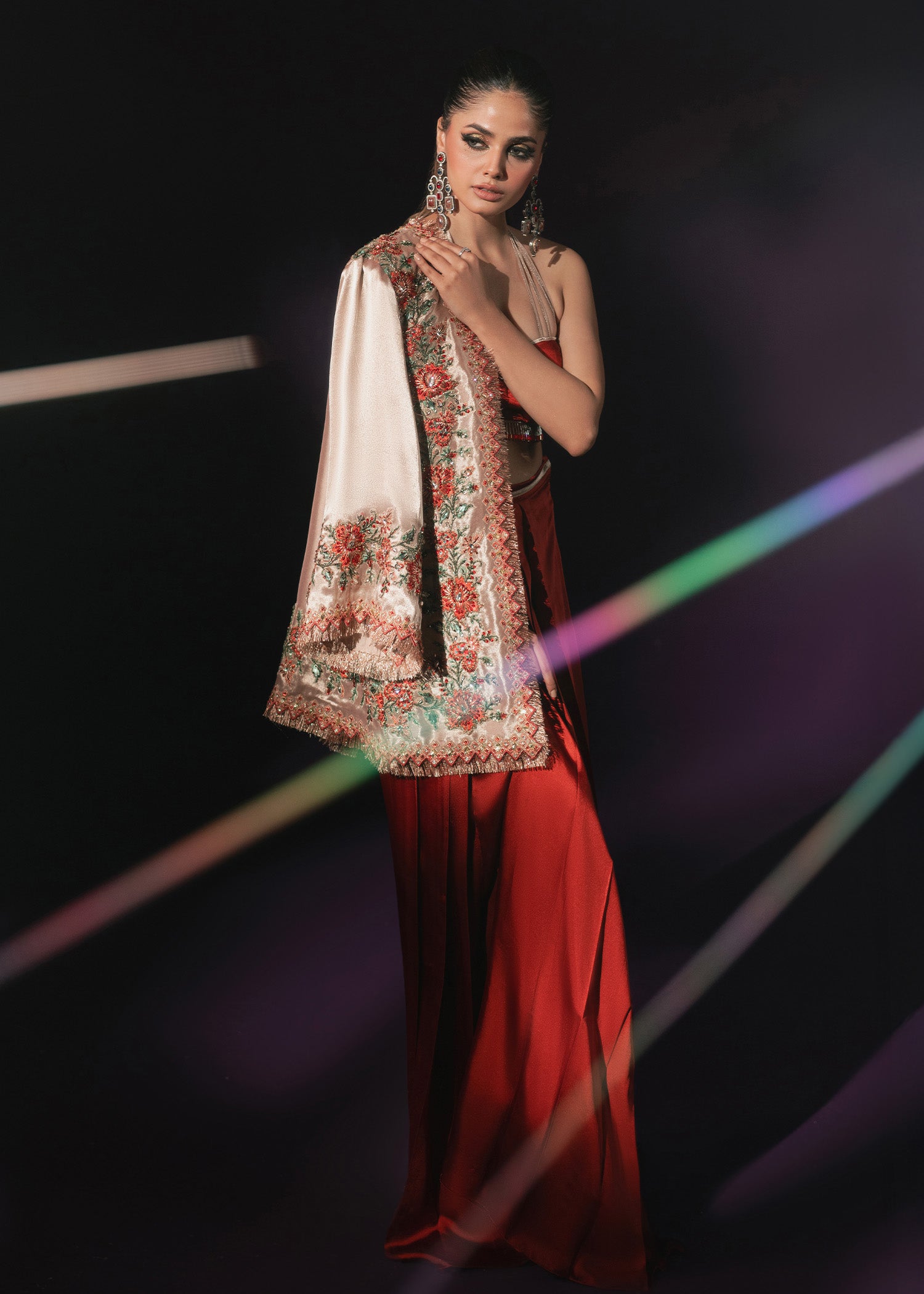 Rose Gold Embroidered Tissue Jacket Satin Silk Co-ord (3-Piece) - Image 4