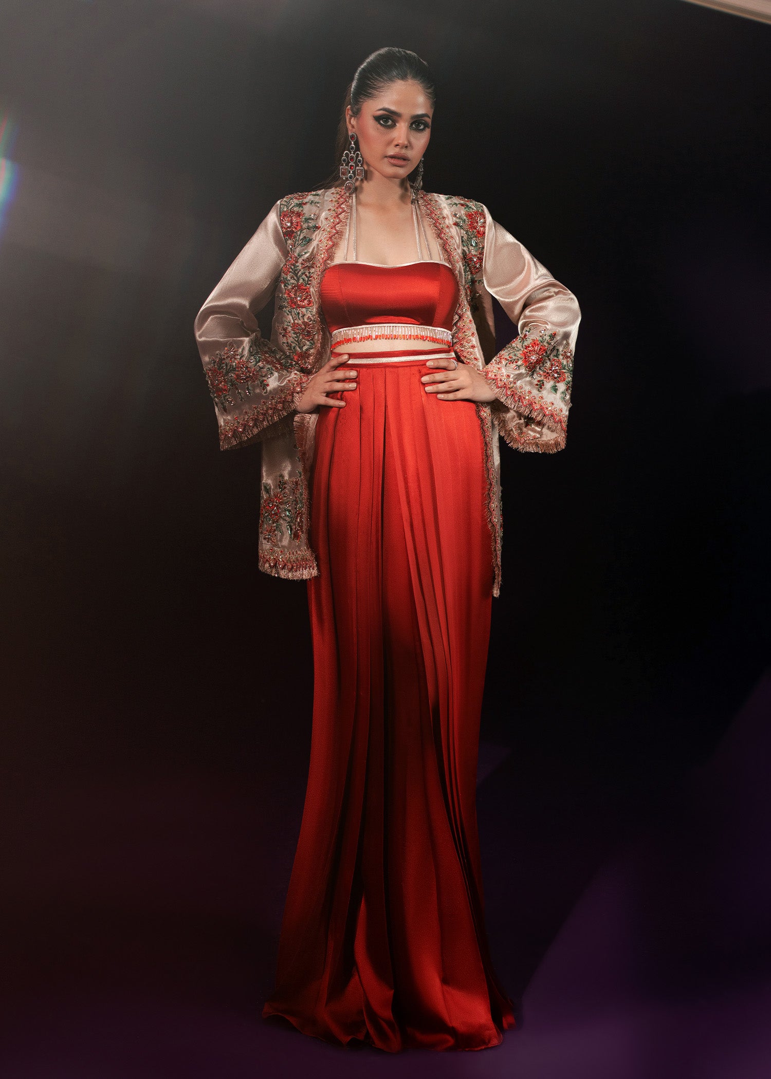 Rose Gold Embroidered Tissue Jacket Satin Silk Co-ord (3-Piece) - Image 5