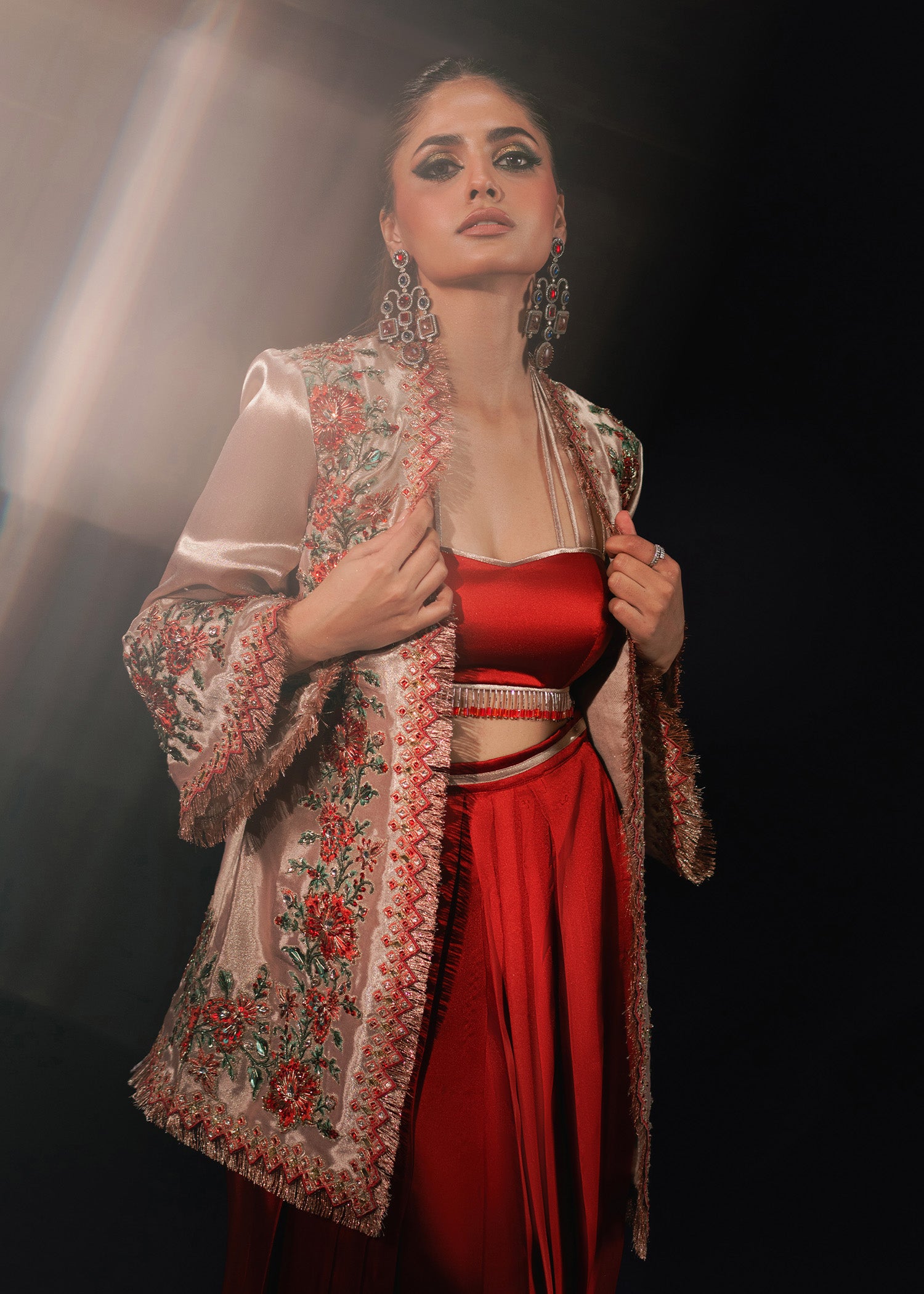 Rose Gold Embroidered Tissue Jacket Satin Silk Co-ord (3-Piece) - Image 6