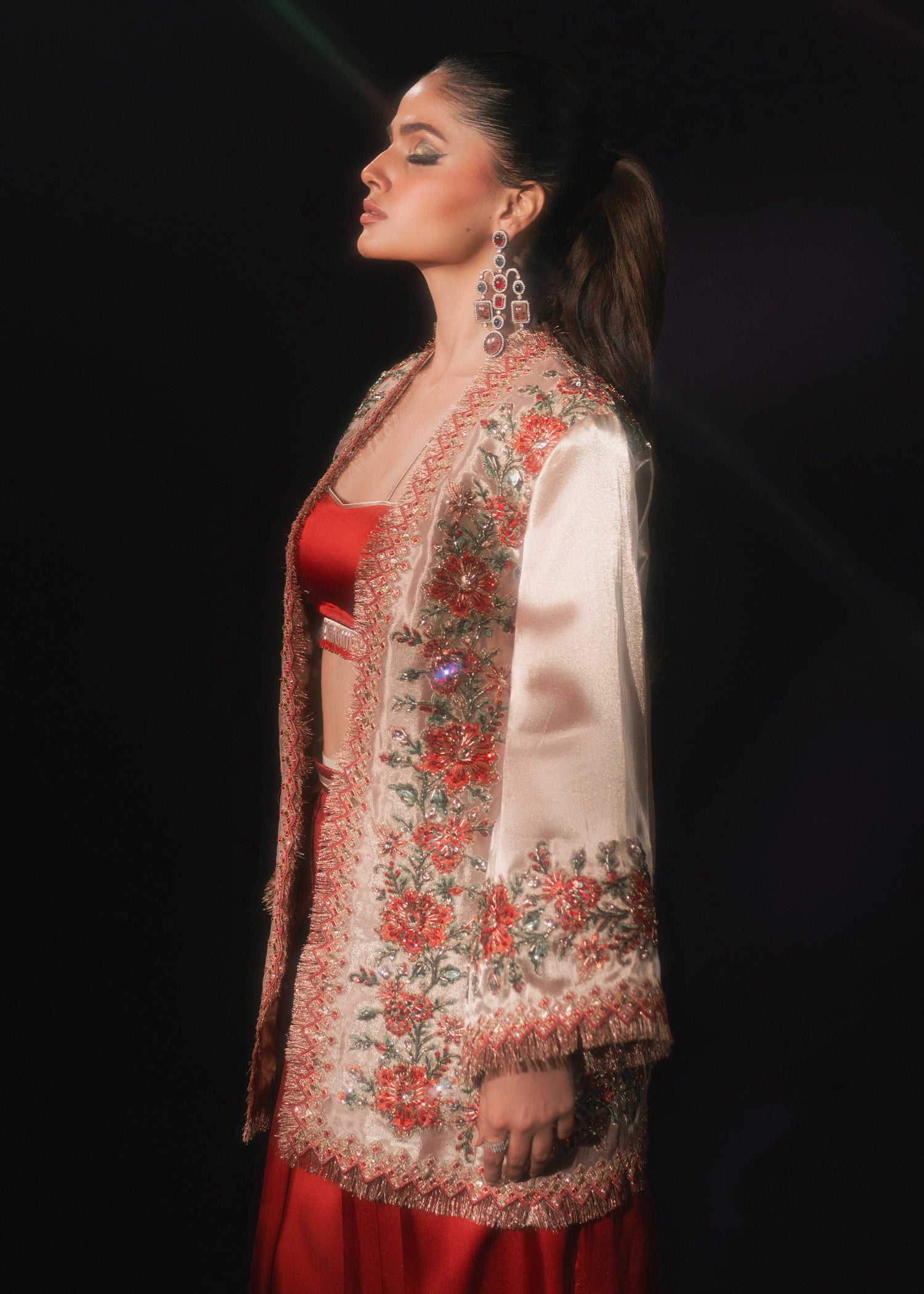 Rose Gold Embroidered Tissue Jacket Satin Silk Co-ord (3-Piece) - Image 7