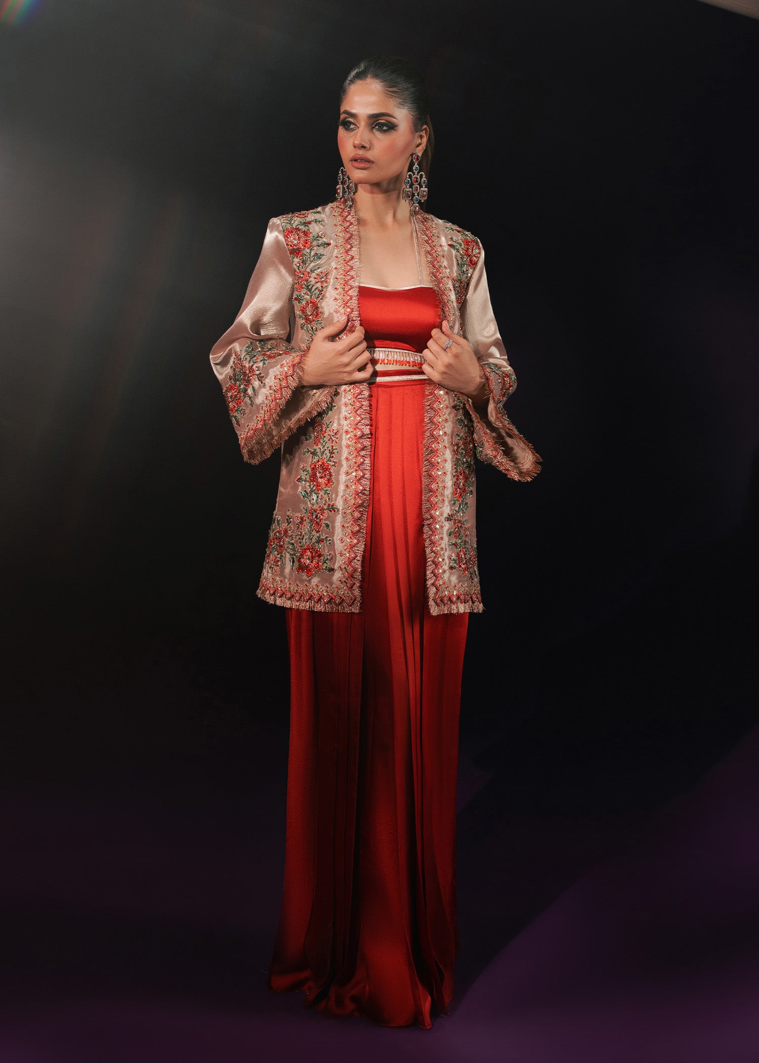 Rose Gold Embroidered Tissue Jacket Satin Silk Co-ord (3-Piece) - Image 8