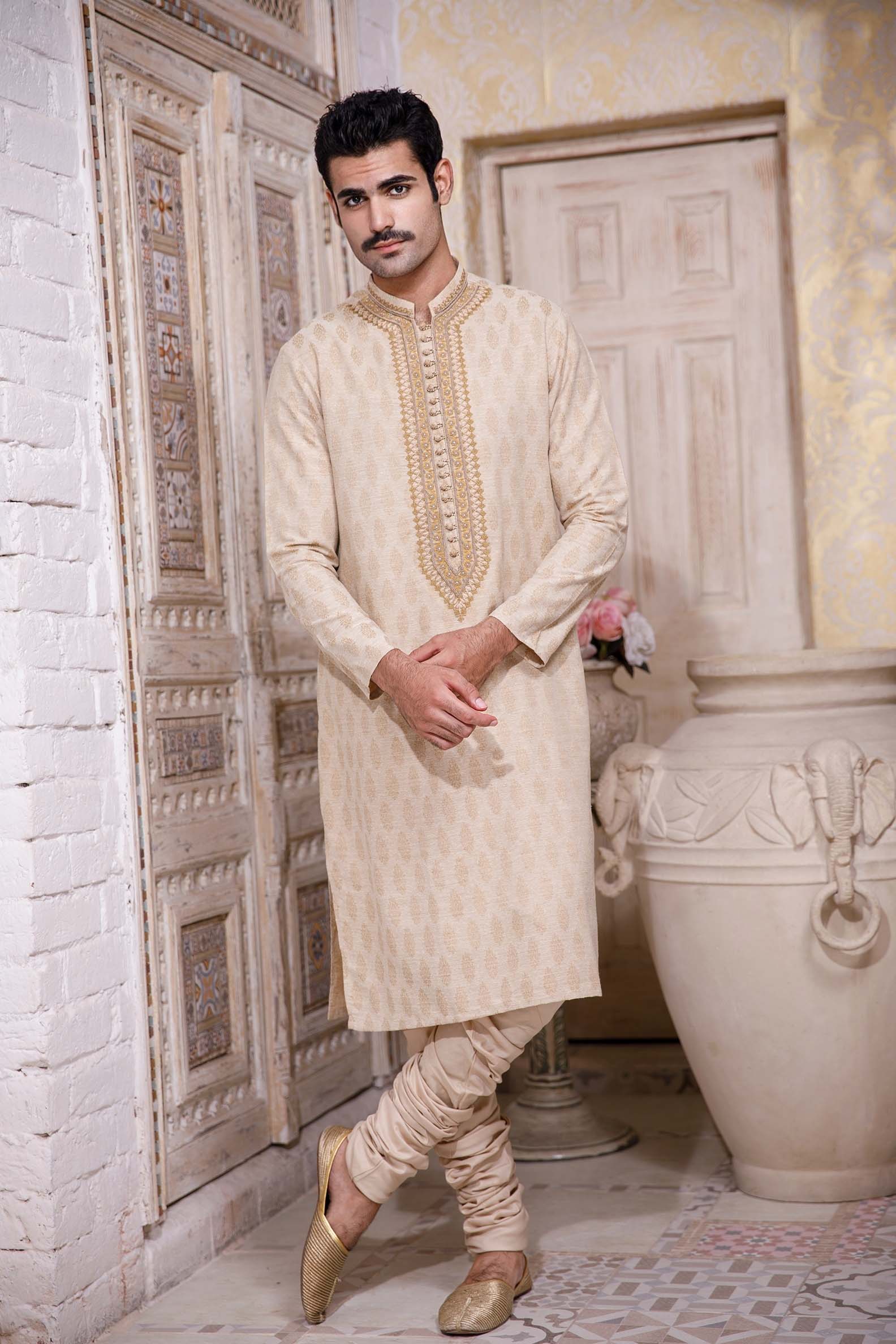 Pale Gold Embroidered Jacquard Kurta (2-Piece) - Image 1