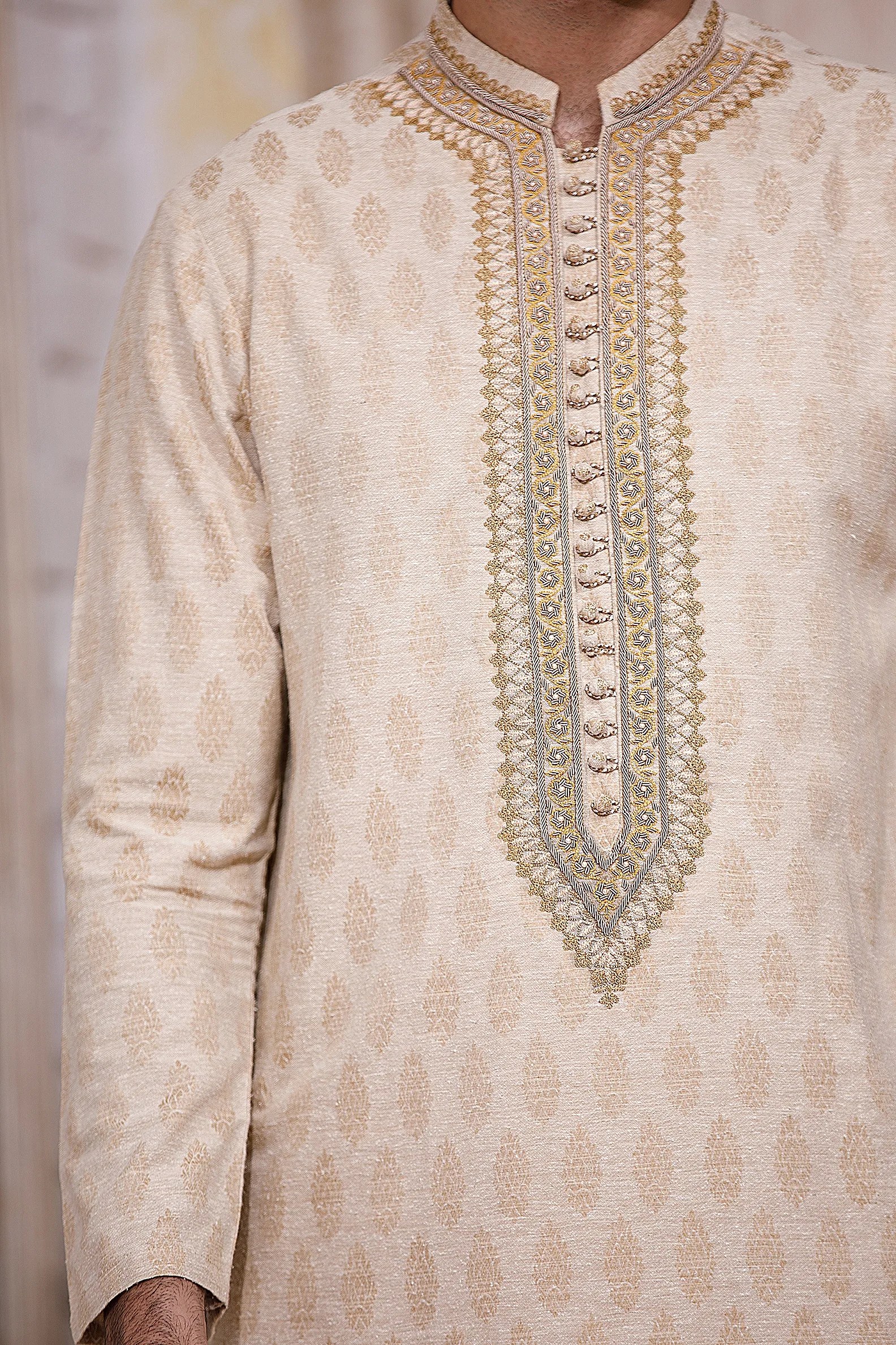 Pale Gold Embroidered Jacquard Kurta (2-Piece) - Image 2