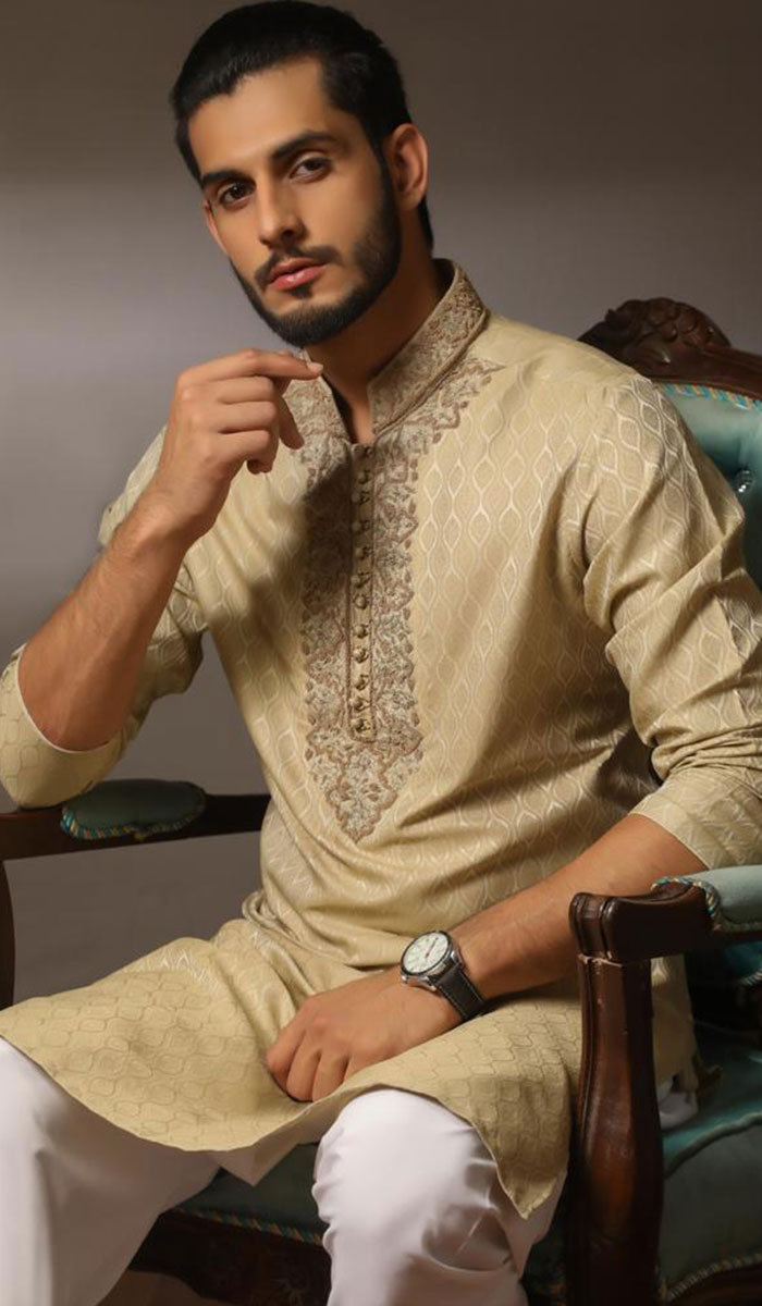 Pale Gold Kora Embroidered Jacquard Kurta (2-Piece) - Image 1