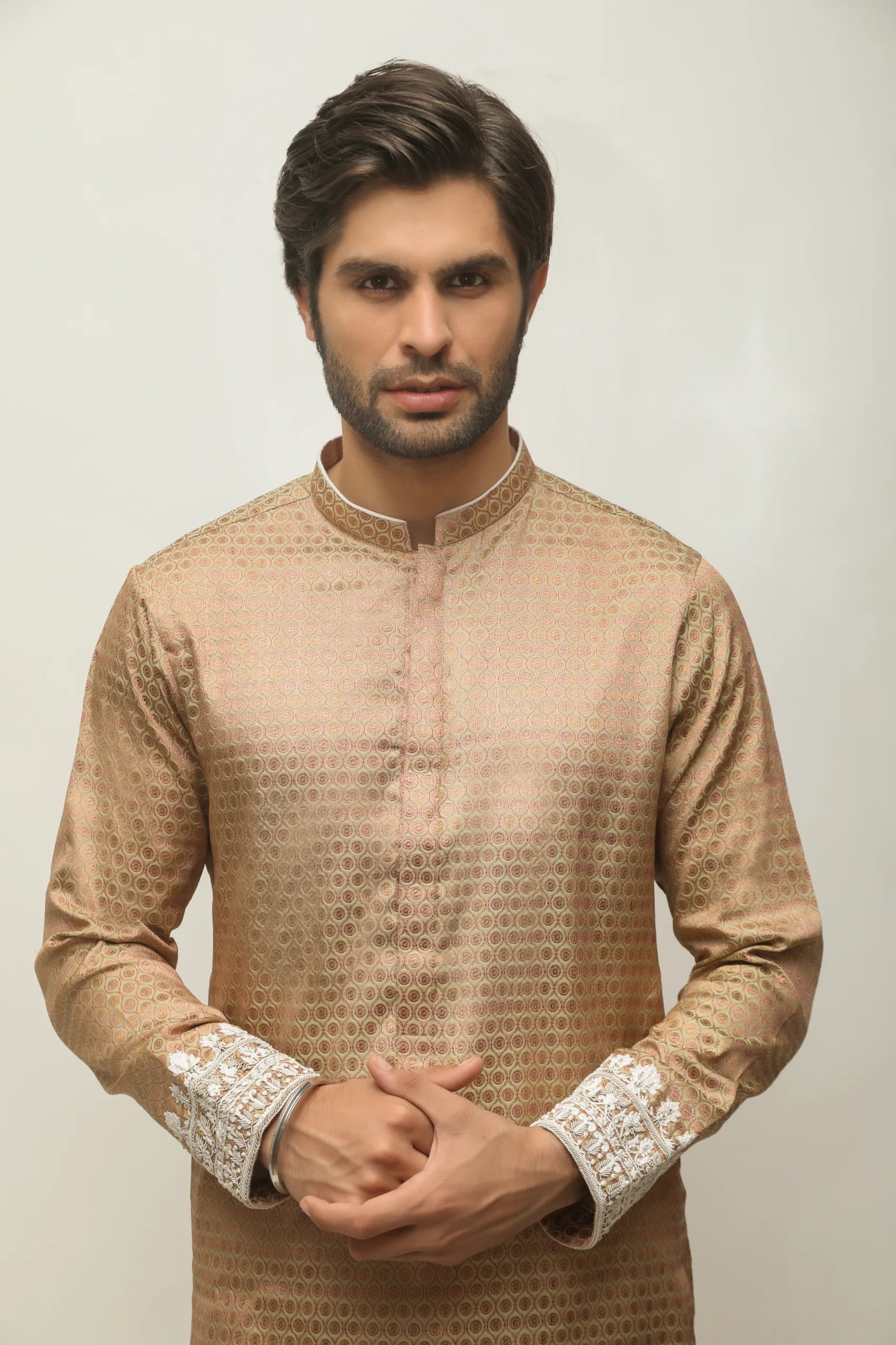 Gold Jacquard Embroidered Cuff Kurta (1-Pc) - Image 1