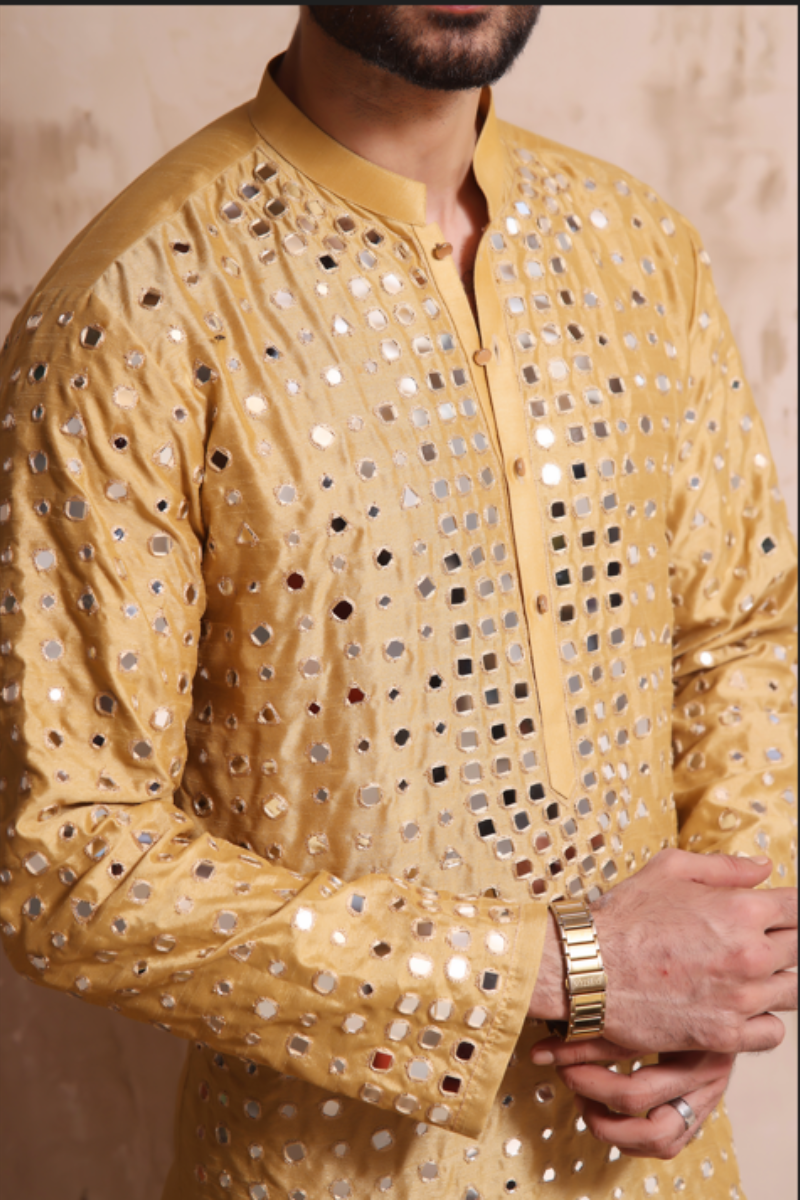 Dull Gold Mirror Work Raw Silk Kurta (2-Piece) - Image 2