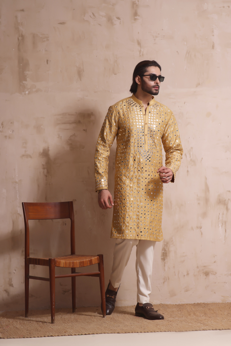 Dull Gold Mirror Work Raw Silk Kurta (2-Piece) - Image 3