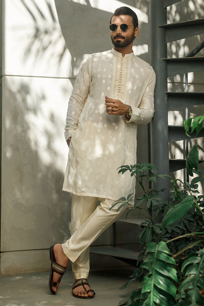 Gold Embroidered Raw Silk Kurta Pajama (2-Piece) - Image 1