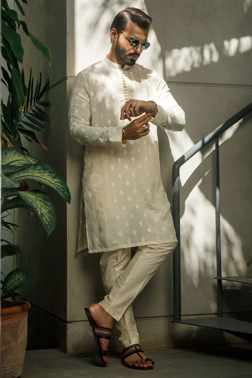 Gold Embroidered Raw Silk Kurta Pajama (2-Piece) - Image 5