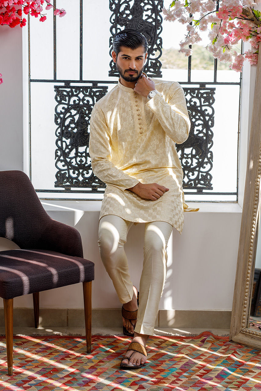 Gold Embroidered Raw Silk Kurta (2-Piece) - Image 2
