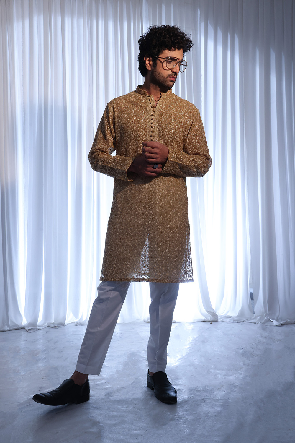 Golden Brown Embroidered Silk-Blend Kurta (2-Piece) - Image 1
