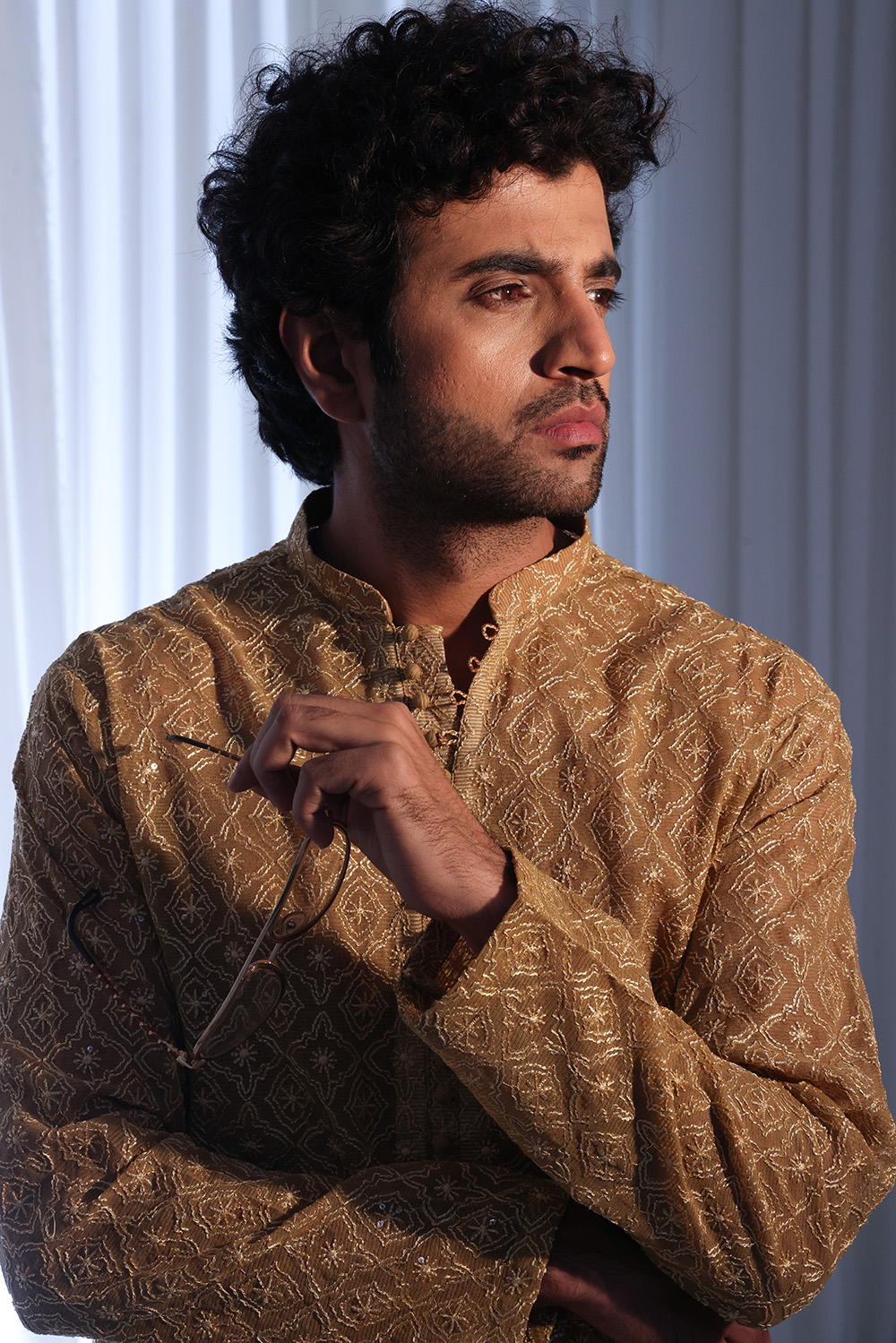 Golden Brown Embroidered Silk-Blend Kurta (2-Piece) - Image 2