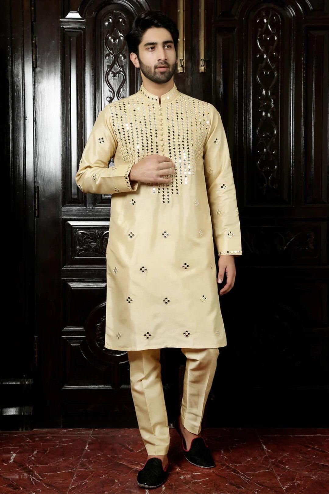 Light Gold Mirror Work Silk Kurta Pajama (2-Piece) - Image 1