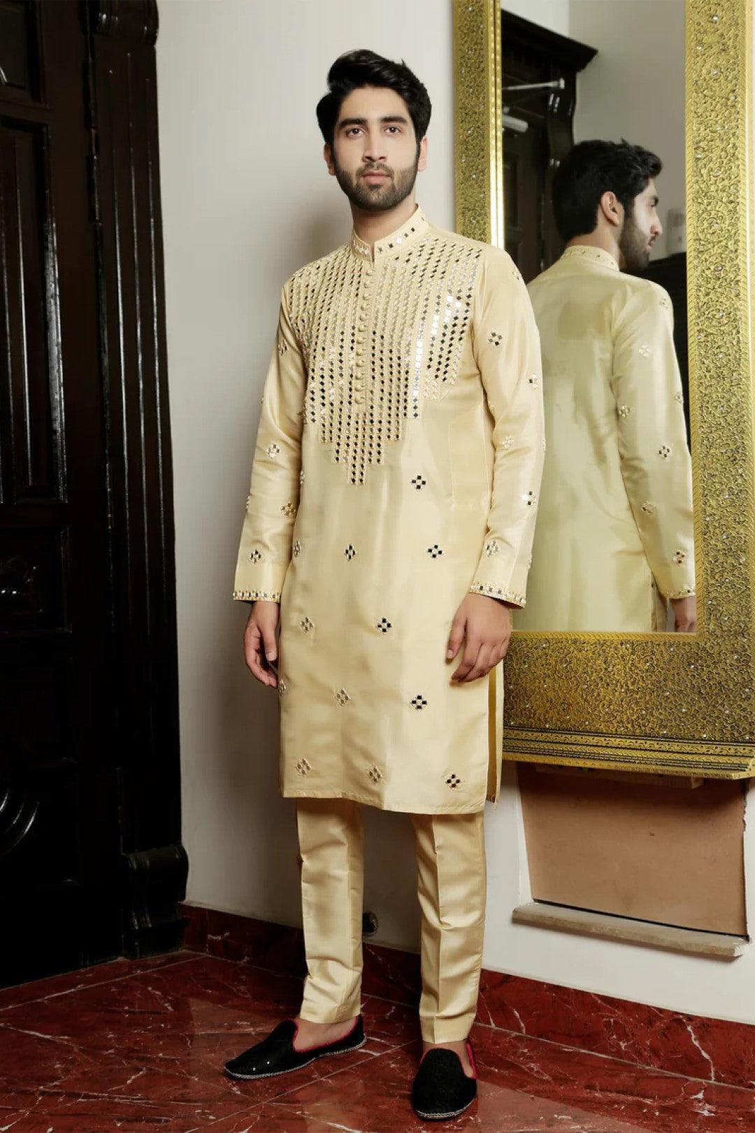 Light Gold Mirror Work Silk Kurta Pajama (2-Piece) - Image 2