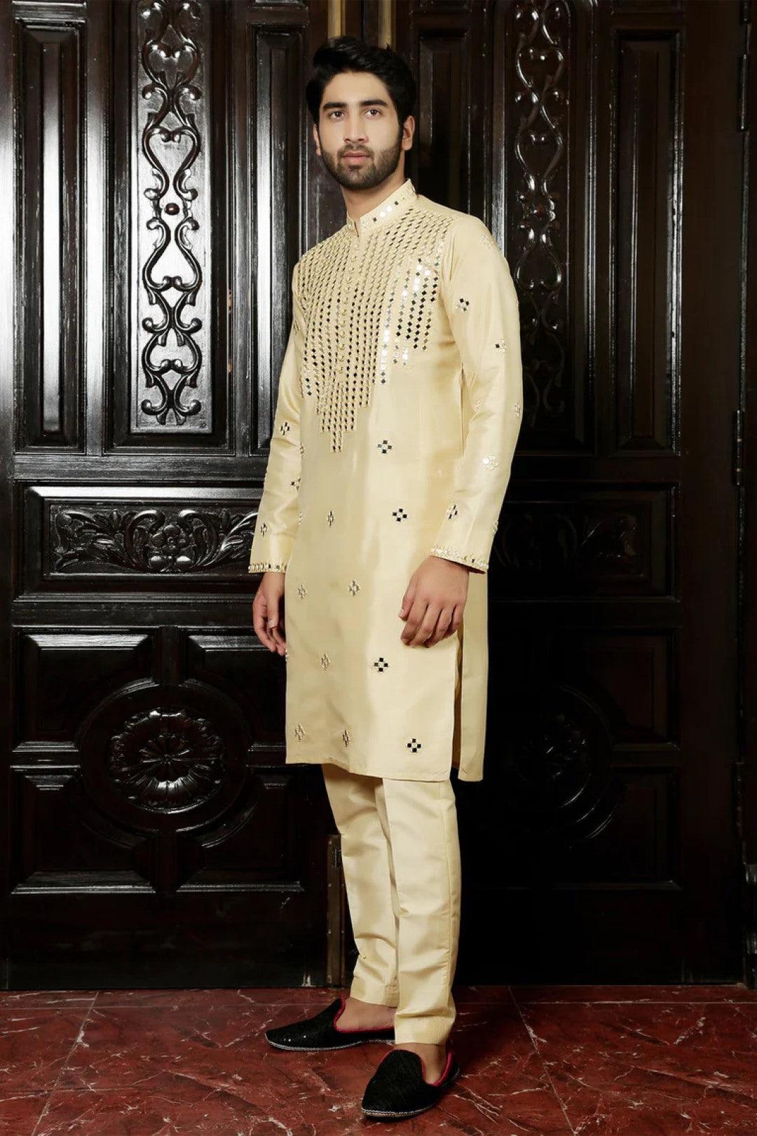 Light Gold Mirror Work Silk Kurta Pajama (2-Piece) - Image 3
