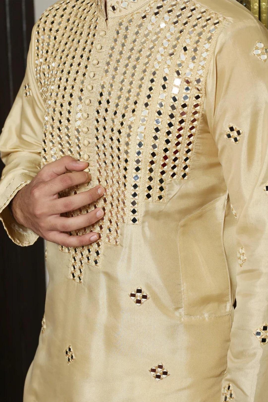 Light Gold Mirror Work Silk Kurta Pajama (2-Piece) - Image 4