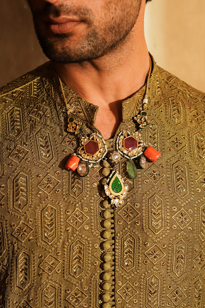 Olive Gold Embroidered Silk Kurta Pajama (2-Piece) - Image 2