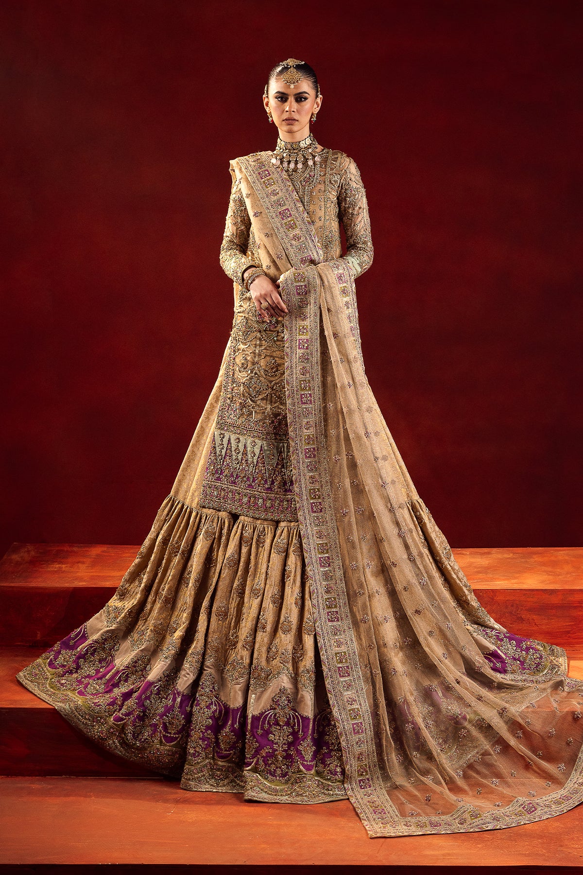 Antique Gold Embroidered Banarsi Silk Bridal Gharara (3-Piece) - Image 1