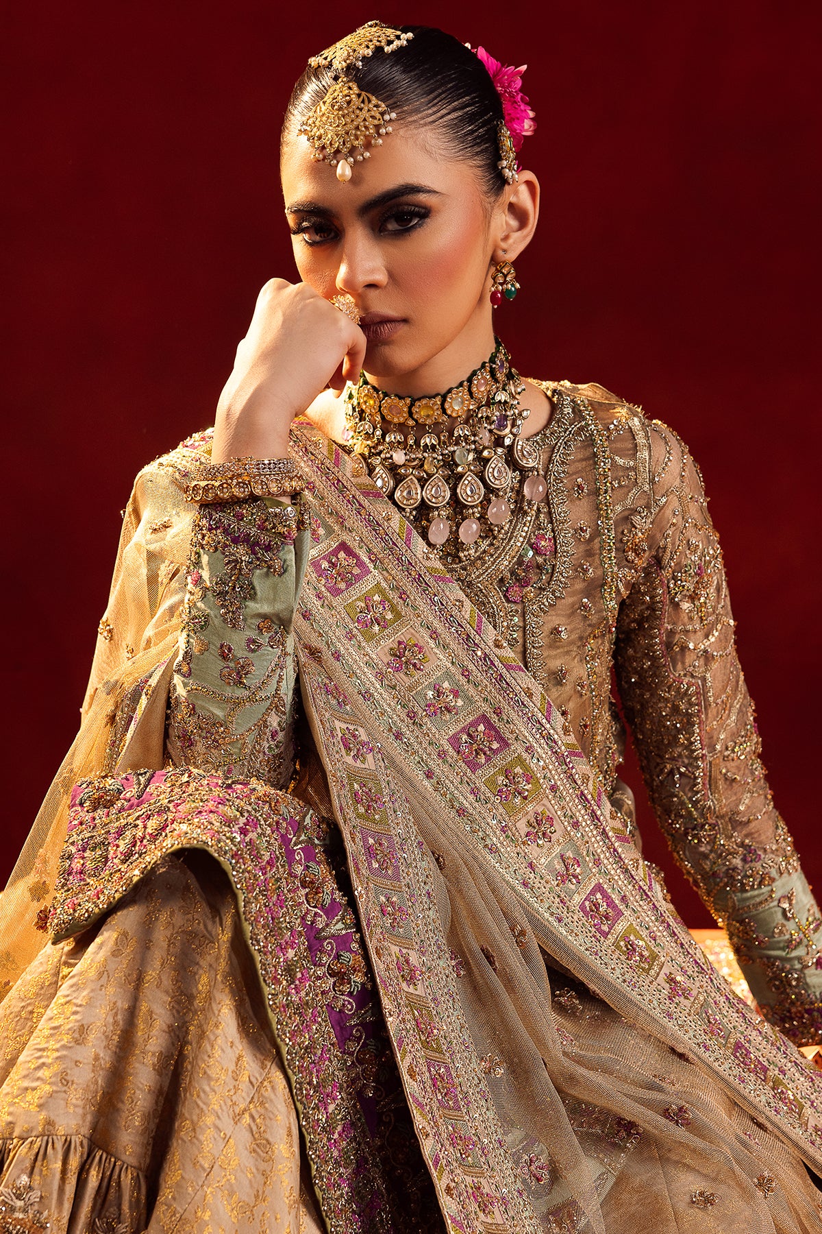 Antique Gold Embroidered Banarsi Silk Bridal Gharara (3-Piece) - Image 2