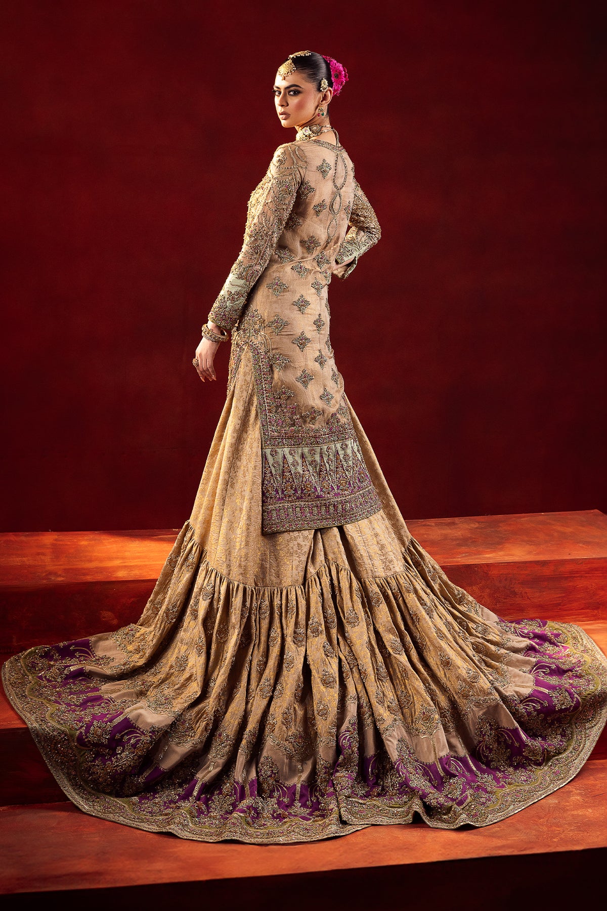 Antique Gold Embroidered Banarsi Silk Bridal Gharara (3-Piece) - Image 4