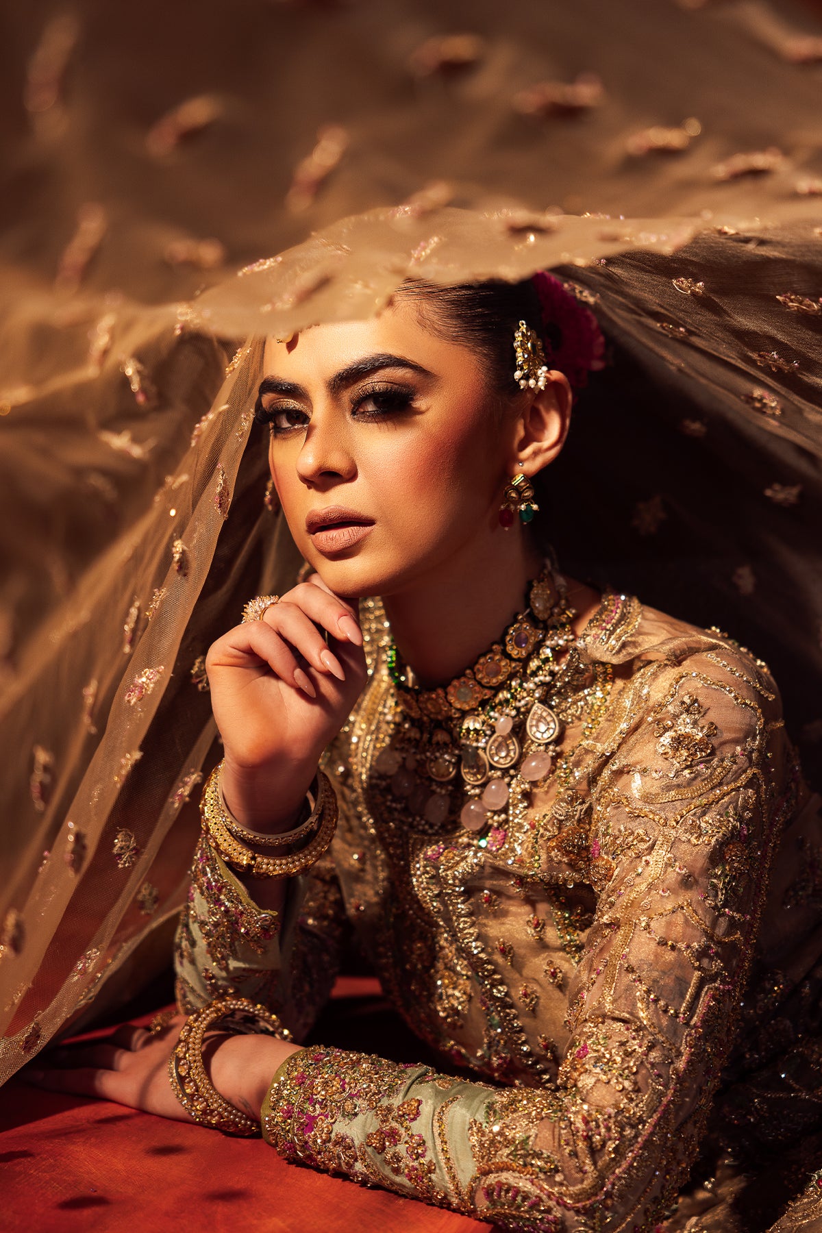 Antique Gold Embroidered Banarsi Silk Bridal Gharara (3-Piece) - Image 5