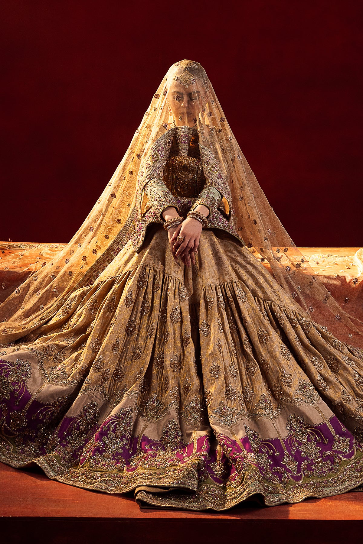 Antique Gold Embroidered Banarsi Silk Bridal Gharara (3-Piece) - Image 6