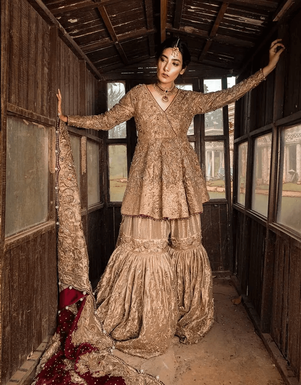 Pakistani Gold Ari-Embroidered Brocade Peplum Gharara (3-Piece) - Image 1