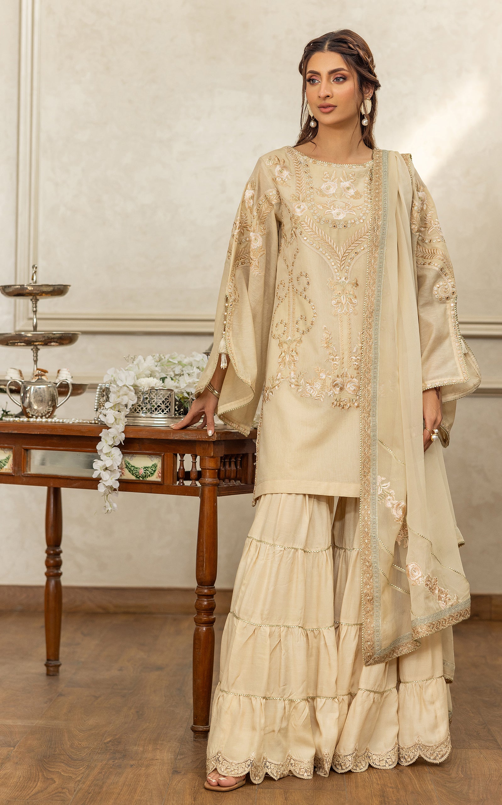 Pakistani Champagne Embroidered Chanderi Gharara Set (3-Piece) - Image 1