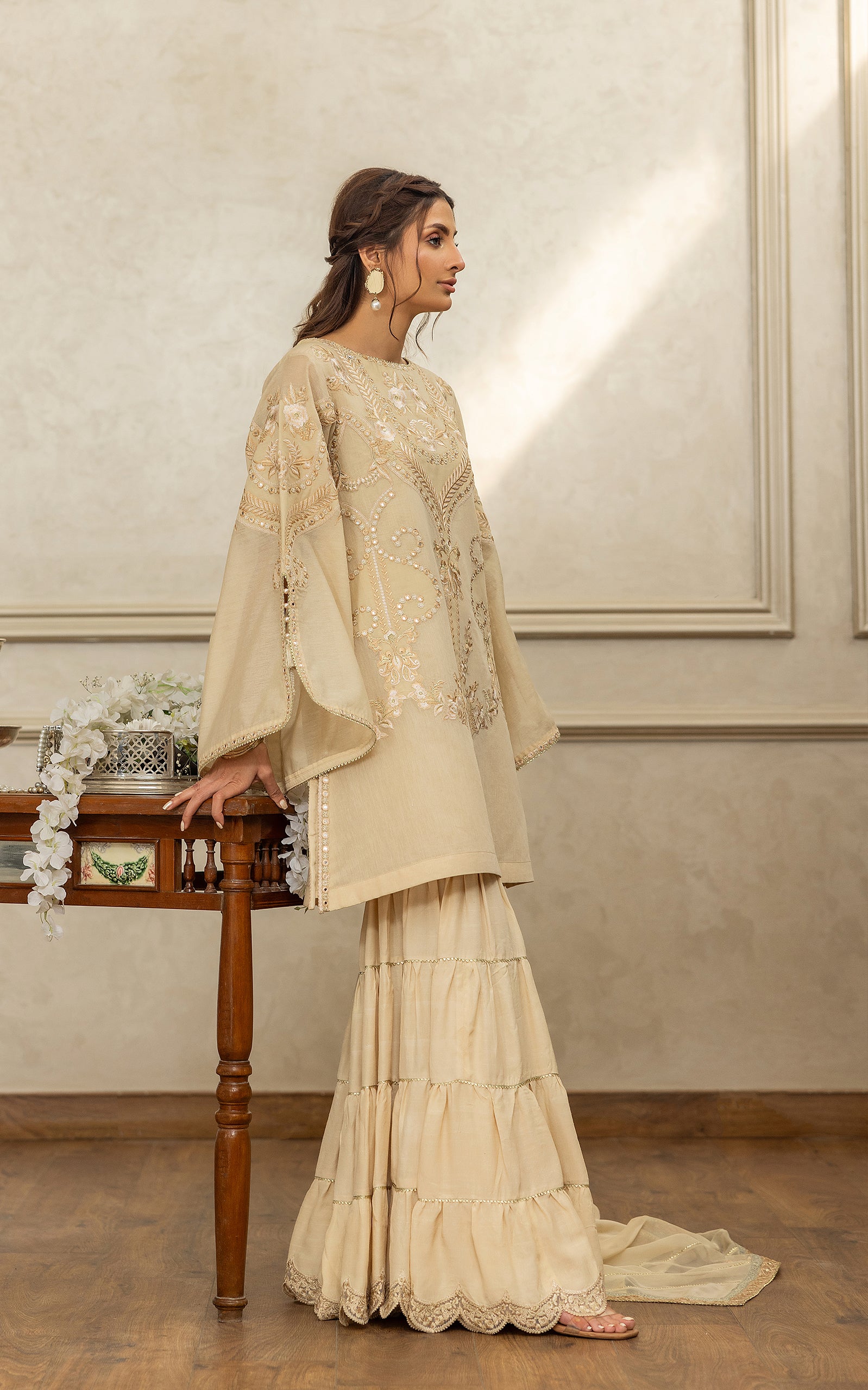 Pakistani Champagne Embroidered Chanderi Gharara Set (3-Piece) - Image 2