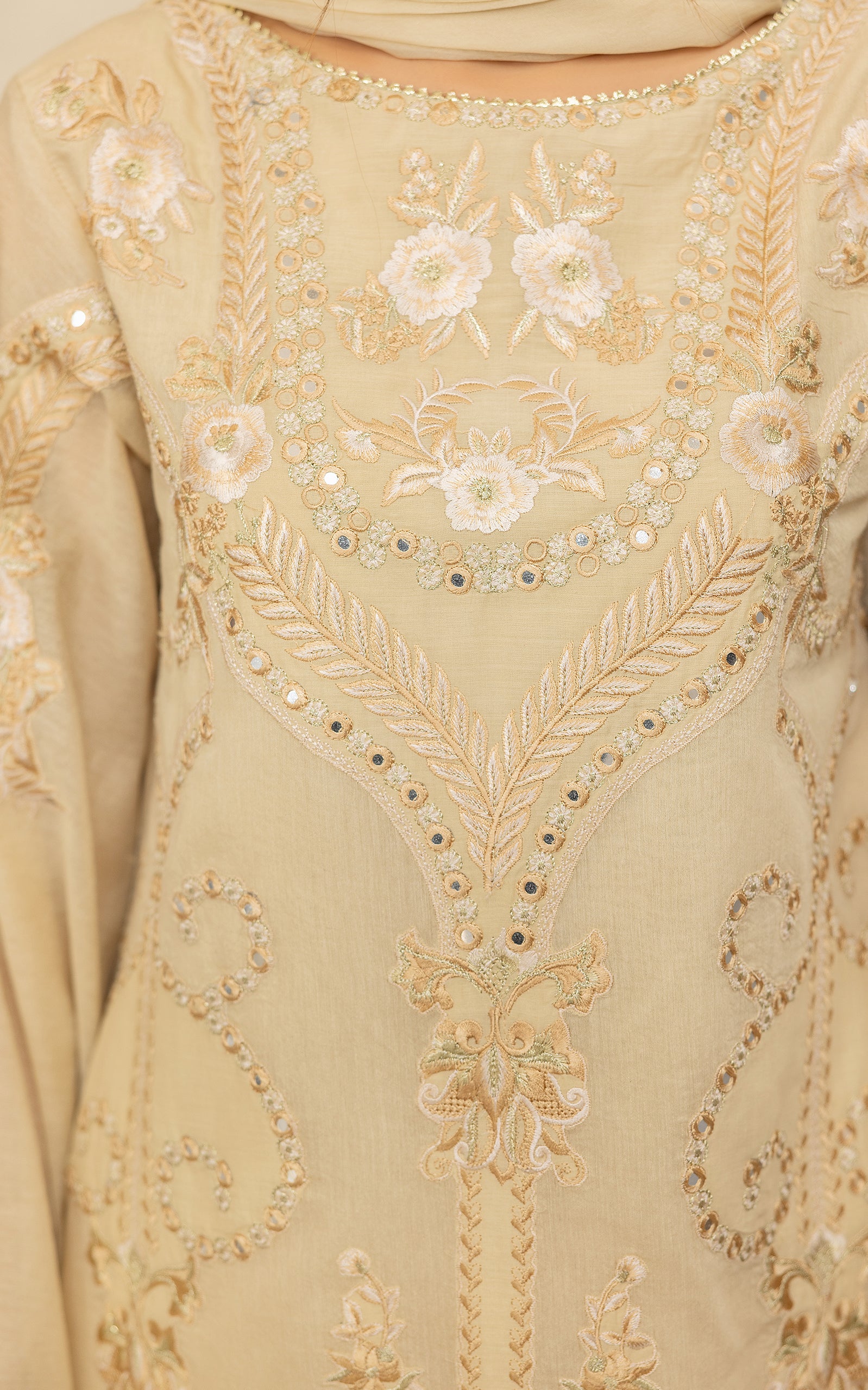 Pakistani Champagne Embroidered Chanderi Gharara Set (3-Piece) - Image 3