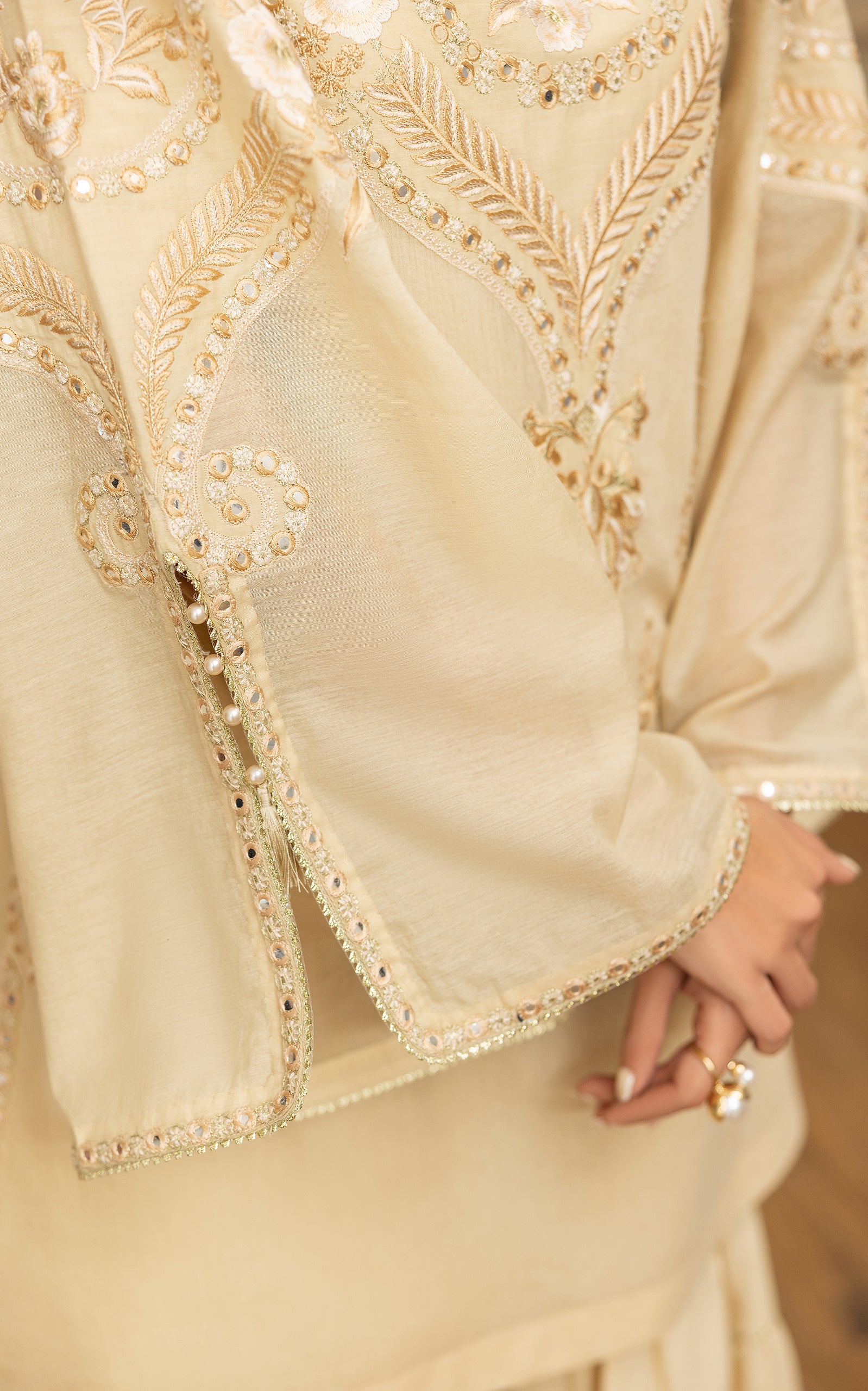 Pakistani Champagne Embroidered Chanderi Gharara Set (3-Piece) - Image 4